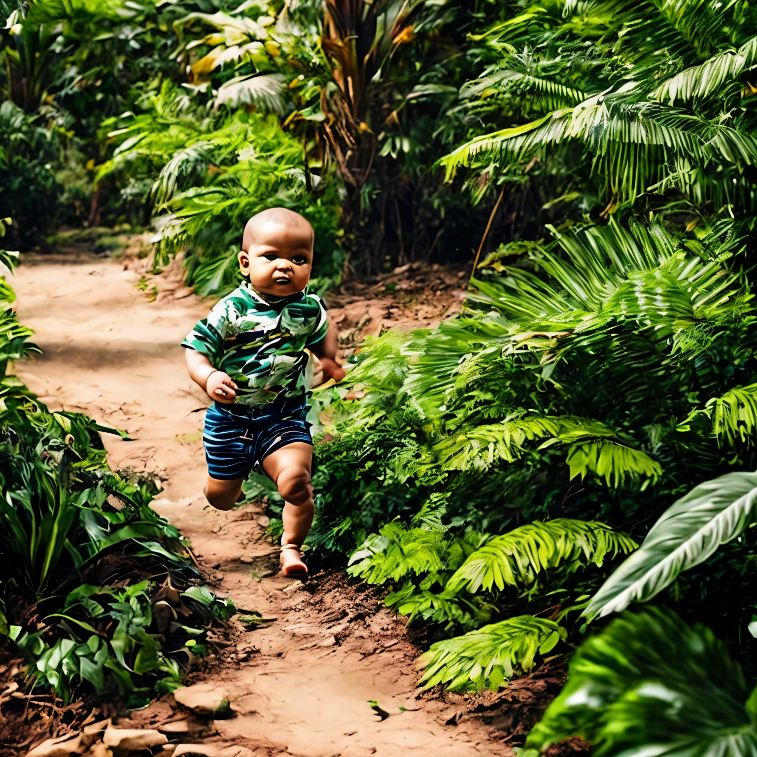 Realistic photo of a baby turning into a jungle soldier, speed effect in motion. The image captures every detail of the baby's transformation, from the wrinkled skin to the growth of camouflage fatigues and military gear. The jungle background comes alive with vibrant greens and the speed effect adds a sense of urgency and excitement to the scene. Every reflective surface shows the baby's eyes, filled with a determination that belies their age. The high-definition image is rendered in 8k resolution, ensuring that every detail is crisp and clear. The lighting effect casts long, dramatic shadows and adds depth to the jungle environment, making for a truly immersive visual experience