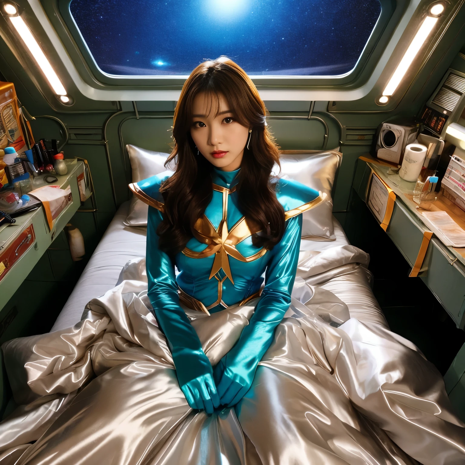 best image quality、Super high resolution、(realism:1.4)、Korean beauty star、The most beautiful KPOP star、face、Horny Korean makeup、erotic expression、A body that makes you want to touch it、Erotic photos、Realistic satin fabric texture、Costume made of stretch satin fabric that is smooth to the touch、The drape of the curved part of the satin fabric、Strong luster of costume、costume quality、8K photo quality、Costume made of high-quality satin fabric with high density、Super-class battle leather cloak with a smooth texture、Super Sentai Women's Heroine Suit、Super-class battleship shiny costumes、Texture of costumes that satin fetishists respond to、Thin, glossy stretch satin fabric、