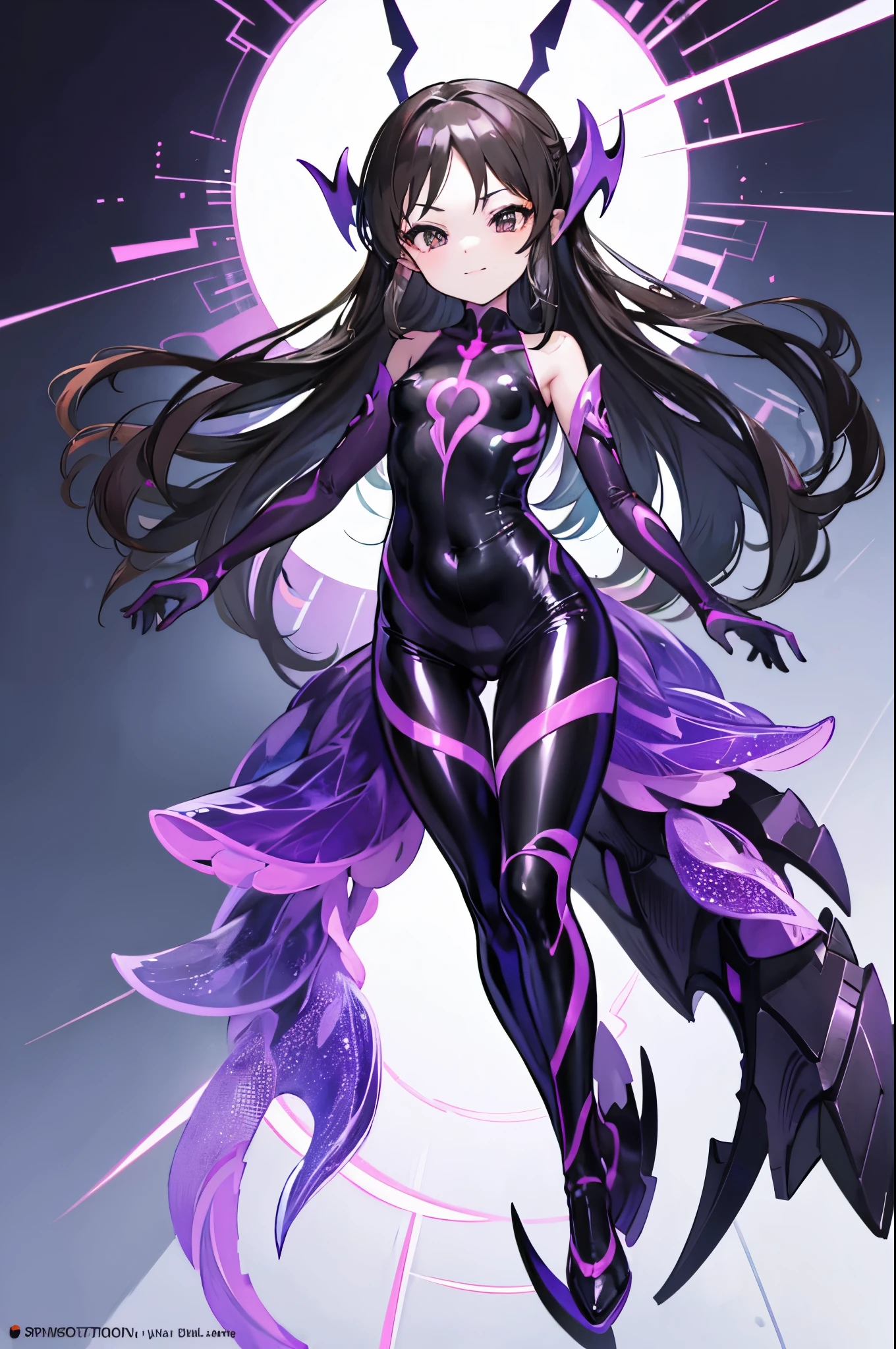 Carefully draw the face　High-quality faces in anime style　super shiny skin　Obscene lines　black and purple full body suit　succubus　lure　smile　back view