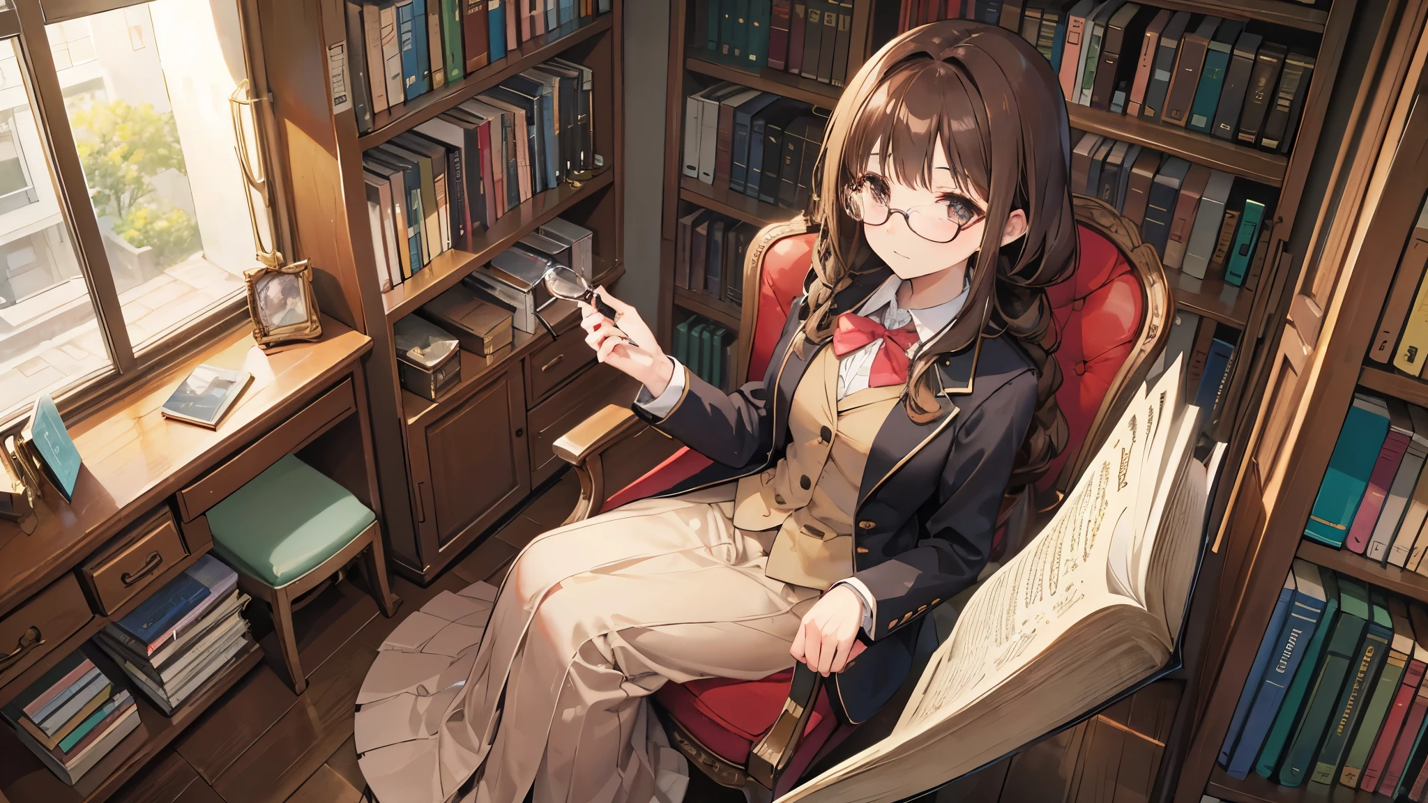 Glasses、brown blazer、Braid、Literary girl、library、Having a book、Soft smile、full body shot、brown hair、long skirt、Gentle Girl、clear、looking up here、sitting in a chair、Overhead view