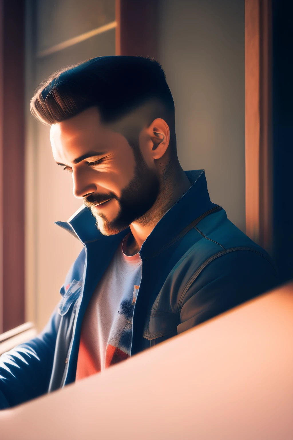 sonhe como, trabalho preto, um homem sujo e careca, Traveling between dimensions, Dynamic Posture, feliz, olhos suaves e queixo estreito, bokeh extremo, figura delicada, cabelos longos lisos para baixo, camisa kawaii rasgada e jeans largos, No estilo de Jordan Grimmer e Greg Rutkowski, crisp linhas and color, fundo complexo, particles, linhas, vento, arte conceitual, sharp focus, cores vivas