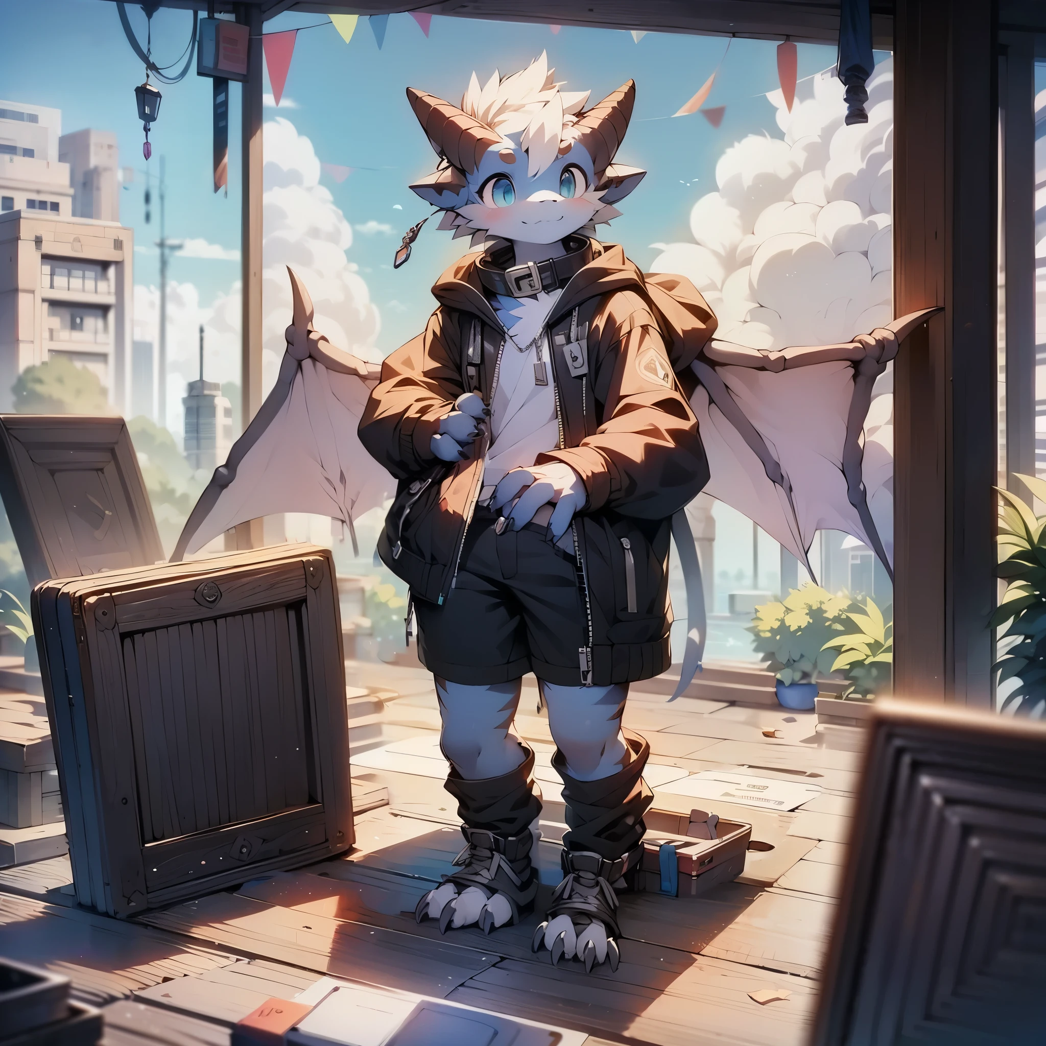 (full body:1.5), a dragon boy, solo, A pair of dragon wings, Black shorts, Whole body, open clothes, Grey rind, blue striped, sharp talons, fly,clouds, above the clouds,in the vast sky, broad horizon, daytime, adolable, smile, Handsome, Cute meat pad, Chains, iron collar, look at viewer