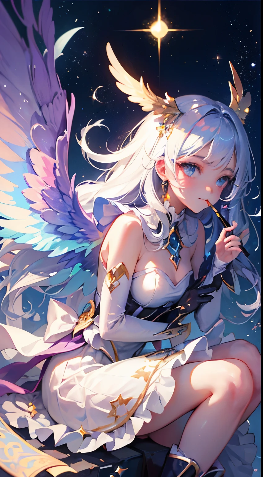 (Magical Girl)), ((Gorgeous Starry Background)), ((Ultra Detailed)), ((Best Illustration)), ((Movie Lighting)), Dynamic Angle, Floating, Fine, (Flash: 1.2), (Shine: 1.2), (Shine: 1.2), Classic, (Drawing: 1.1), (Sketch: 1.1), (Best Quality), (Illustration: 1.2), (Anime Style), (Solo), Beautiful Detailed Face, (Cute Face: 1.3), (Big Eyes)), Colored hair, (long hair: 1.2), (flowing hair: 1.2), (magical girl costume), detail, (sparkling wand: 1.3), (magic effect: 1.3), (flowing dress: 1.2), (cute boots: 1.1), (transparent fabric: 1.1), (flickering: 1.2), (glow: 1.2), (sparkle: 1.2), (sparkle: 1.2), (sparkle: 1.2), (shimmer: 1.2), wings, multi color hair,