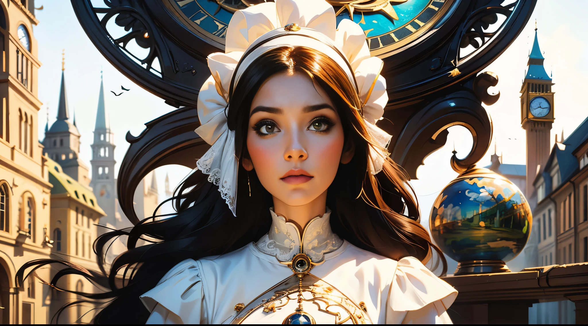 a close up of a woman with a white dress and a clock tower, artgerm and james jean and peter mohrbacher, karol bak and tom bagshaw, wlo and peter mohrbacher, julie bell beeple, 