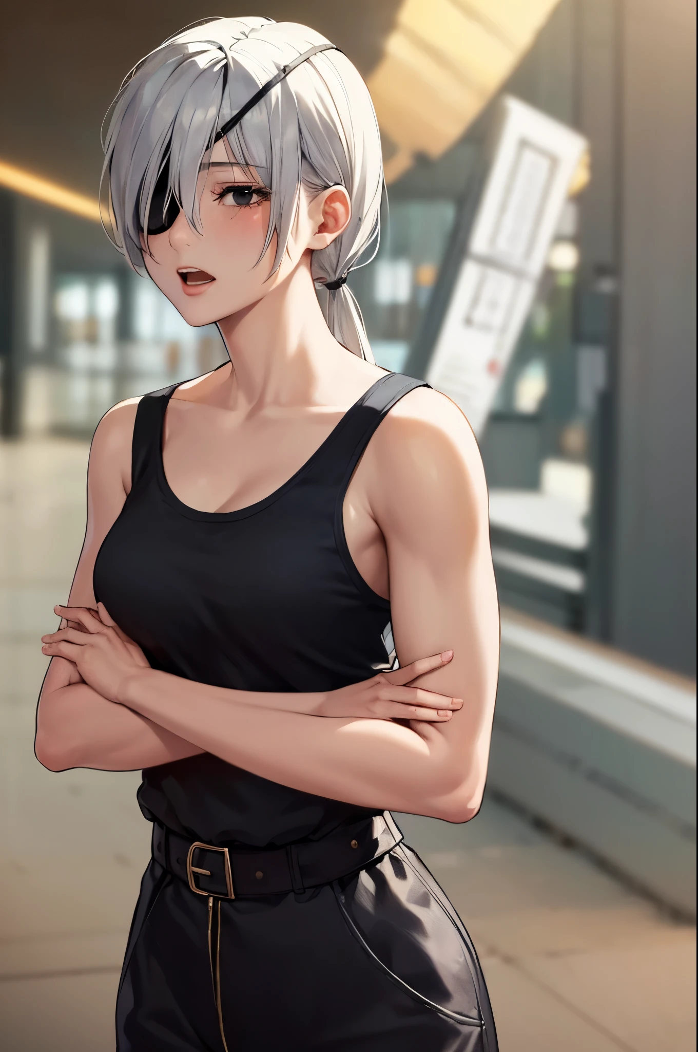 (masterpiece, Best quality:1.2), One, 1 girl, Quanxi, happy face, open mouth, Looking at the viewer, crossed arms, ponytail, eyepatch, black tank top, black trousers 