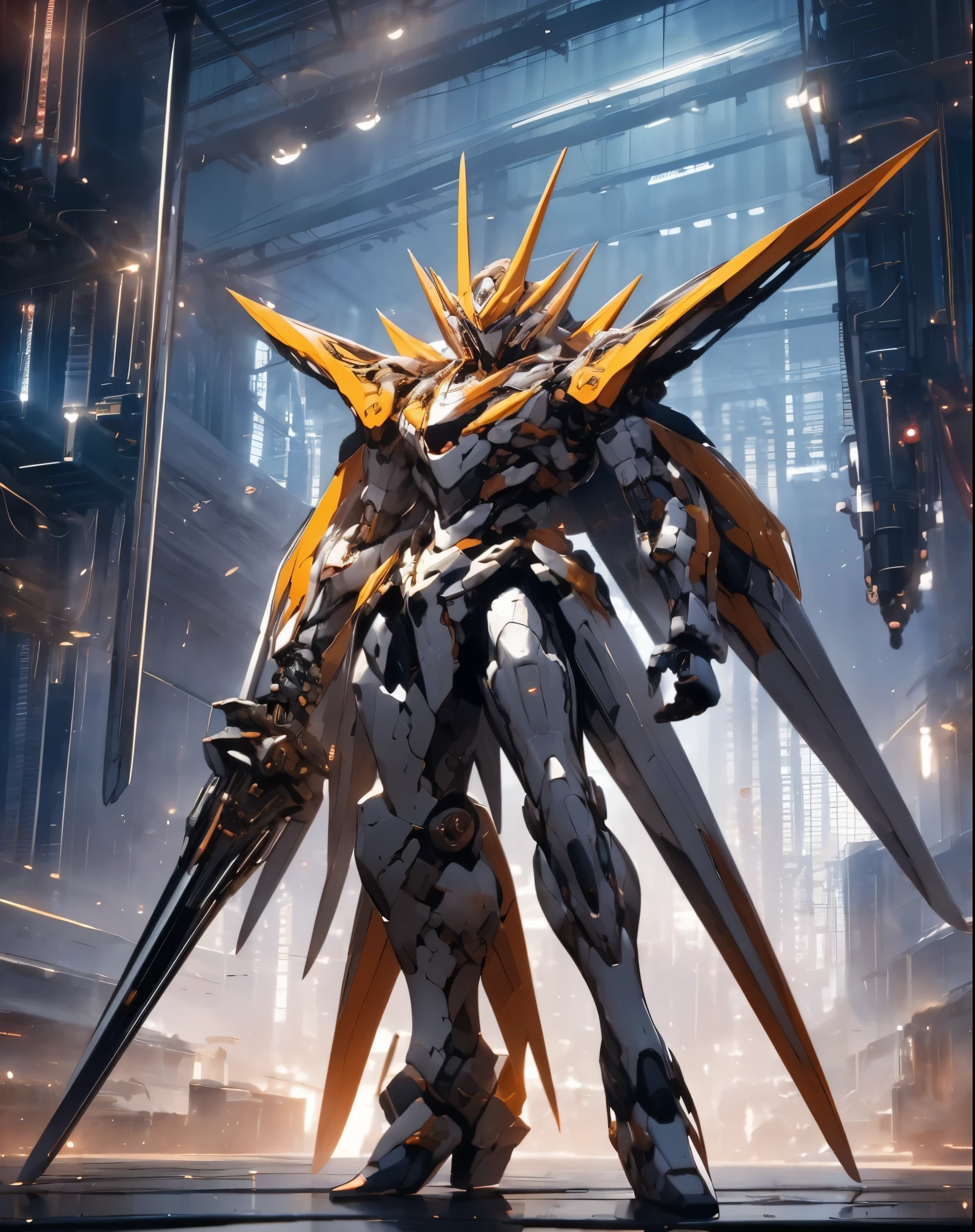 super wide shot, Full body photo of him giving a dynamic pose, screaming, jet wing, (Masterpiece) , The best quality, High quality, (futurism:1.1), (Mech with a sword, Hellish, Silver and purple, 电影灯光, (Exquisite future),Dark and beautiful, Ultra detailed, great composition, Floating, Depth of field, (Very detailed CG,Unity 8k壁纸), (Beautiful detail background), dramatic lights, GOGETTA, Mecha Badass Hero screaming,best quality,超高分辨率,Photorealistic, (solo), (1man).