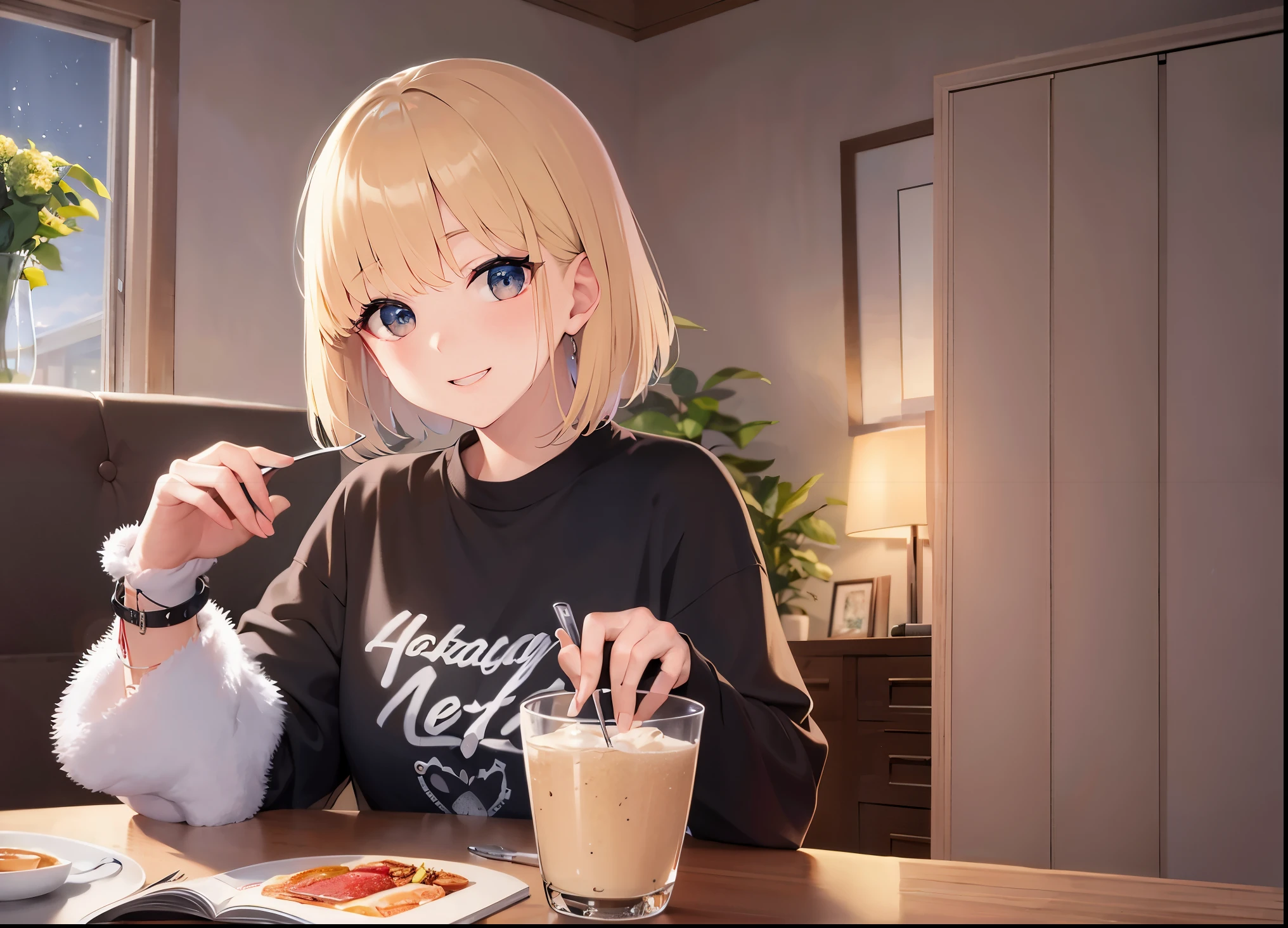 The background is the living room、wall、picture、lamp、Wardrobe、table