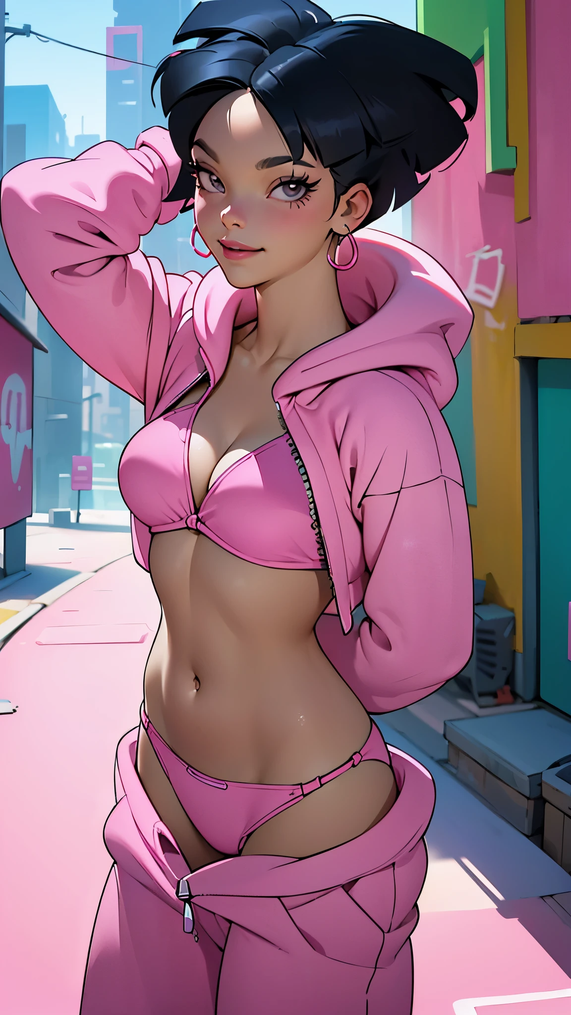 (La mejor calidad,A high resolution,Ultra - detallado,actual),amywong, black hair, 1girl, solo, black eyes, pink hoodie, short hair, navel, pink pants, long sleeves,looking at viewer, smile, standing, best quality, high quality, masterpiece, absurdres,   (alley background big stones), ,( ciberpunk 2.1), More detailed 8K.motor irreal:1.4,UHD,La mejor calidad:1.4, fotorrealista:1.4, textura de la piel:1.4, obra maestra:1.8,obra-prima, mejor calidad,objeto Objeto], (detailed face features:1.3),(Las proporciones correctas),(Ojos hermosos azules),  (pose vaquero), (bikini pink:1.4), (realistic:1.4) 