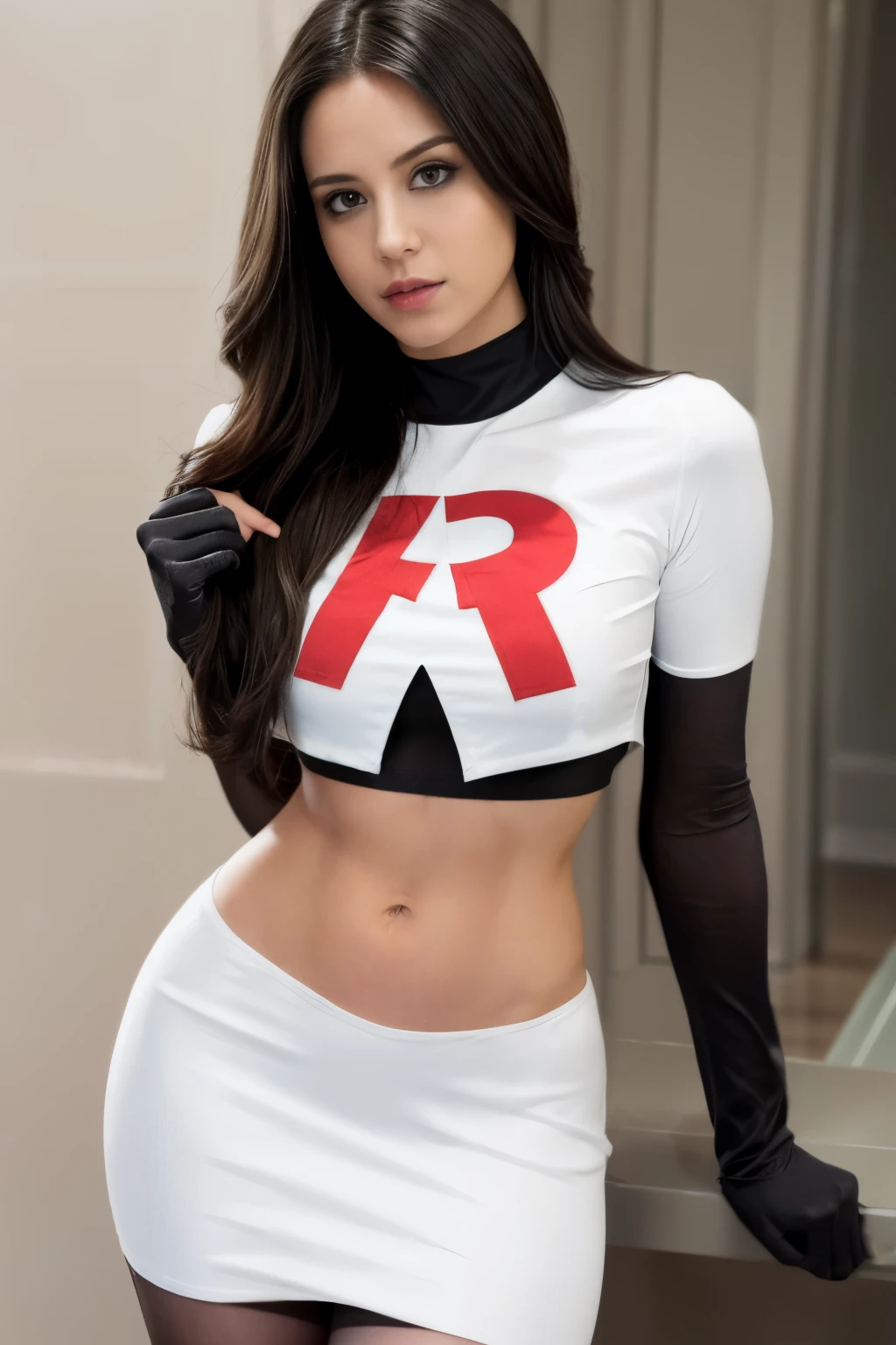 Brice, Actress, Real, team rocket,team rocket uniform,white skirt,crop top,black thigh-highs,black elbow gloves