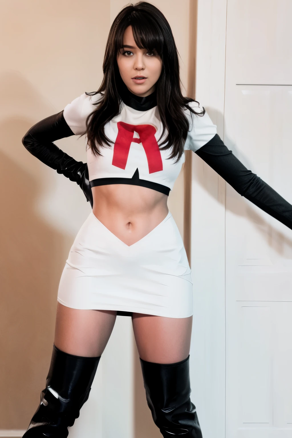 Brice, Actress, Real, team rocket,team rocket uniform,white skirt,crop top,black thigh-highs,black elbow gloves