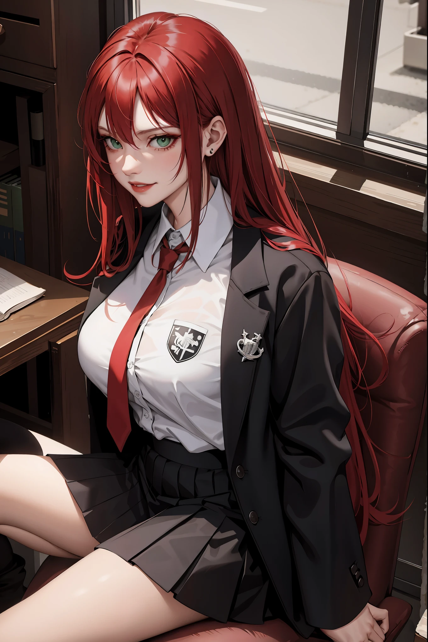 (masterpiece:1.2, best quality), (real picture, intricate details), 1lady, solo, upper body, sitting down, showing legs, casual, school setting, long hair, goth makeup, natural fabrics, close-up face, smirk, smirking, school, long light platinum blonde hair, red hair tips, dried dark red hair tips of hair, red hair tips, bangs, hair bangs, bangs between eyes, green eyes, big breasts, big tits, big butt, skirt, school uniform, school shirt, school skirt, school proper uniform, goth girl, teen, teen girl, goth teen girl school uniform, heavy goth makeup, goth makeup, goth looks, black nails, smirking, teen, , teen goth girl