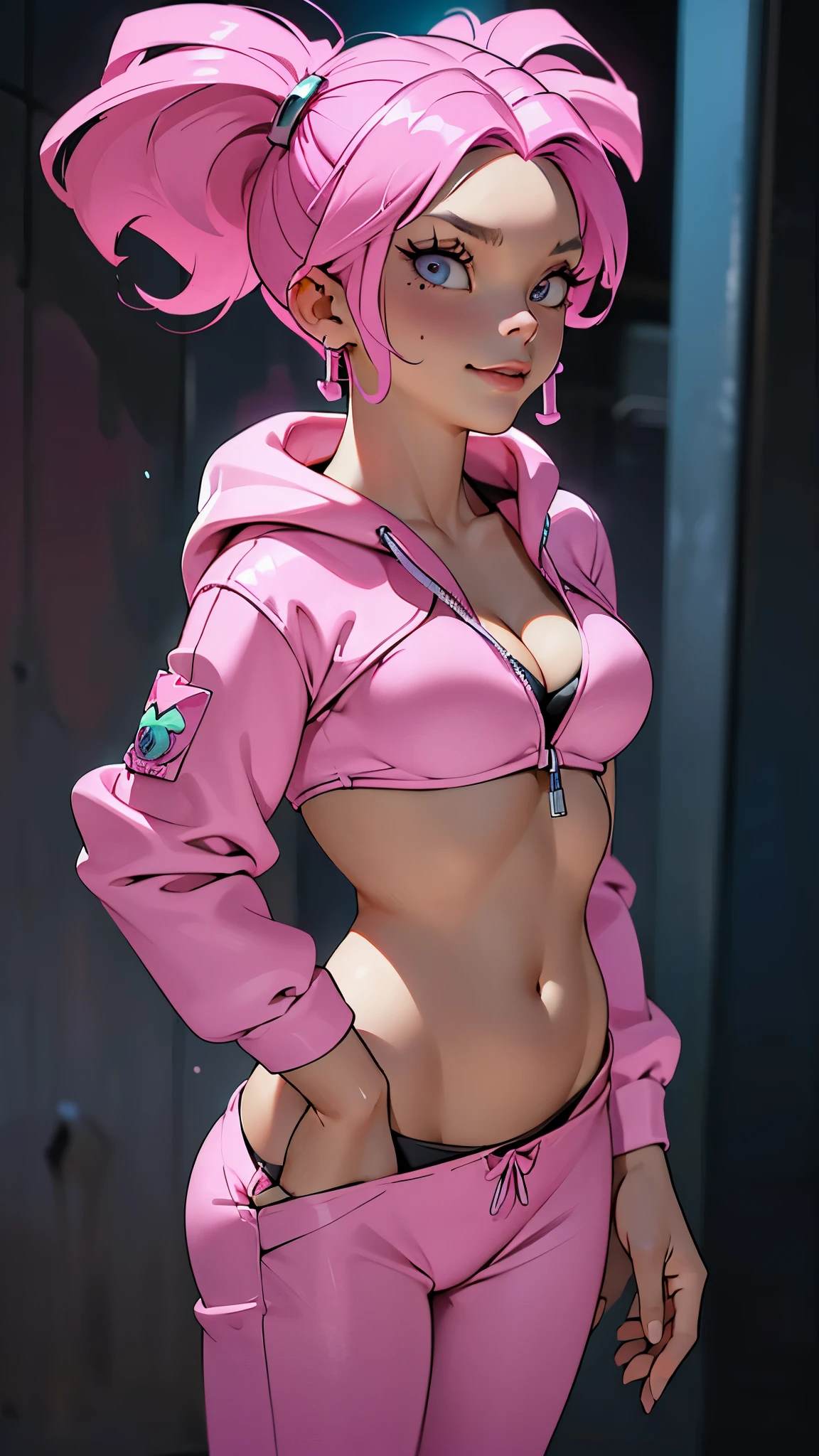 (La mejor calidad,A high resolution,Ultra - detallado,actual),amywong, black hair, 1girl, solo, black eyes, pink hoodie, short hair, navel, pink pants, long sleeves,looking at viewer, smile, standing, best quality, high quality, masterpiece, absurdres,   (alley background big stones), ,( ciberpunk 2.1), More detailed 8K.motor irreal:1.4,UHD,La mejor calidad:1.4, fotorrealista:1.4, textura de la piel:1.4, obra maestra:1.8,obra-prima, mejor calidad,objeto Objeto], (detailed face features:1.3),(Las proporciones correctas),(Ojos hermosos azules),  (pose vaquero), (bikini pink:1.4), (realistic:1.4) 