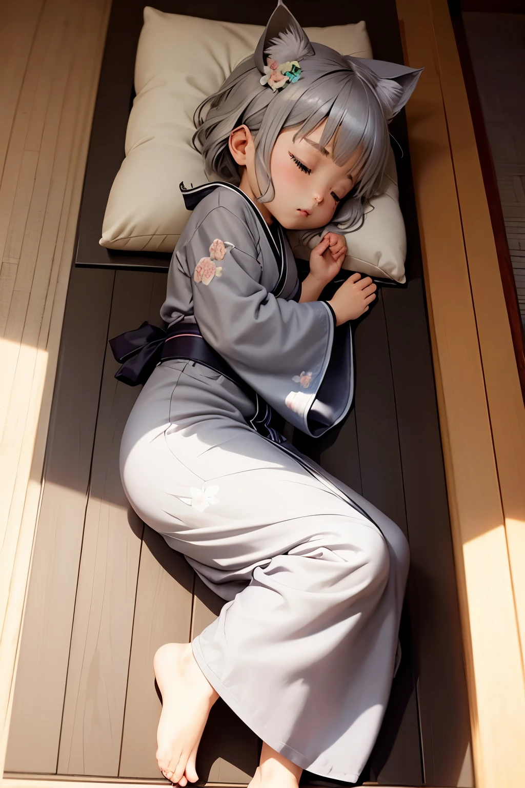 cute girl Nekomata little man Gray hair kimono veranda Warm sunshine Curled up and taking a nap