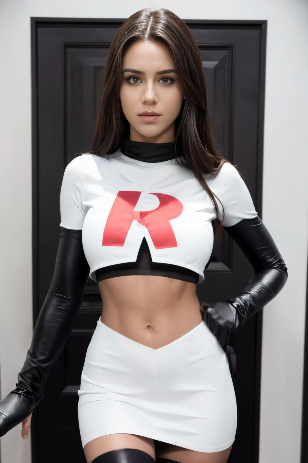 Brice, Actress, Real, team rocket,team rocket uniform,white skirt,crop top,black thigh-highs,black elbow gloves