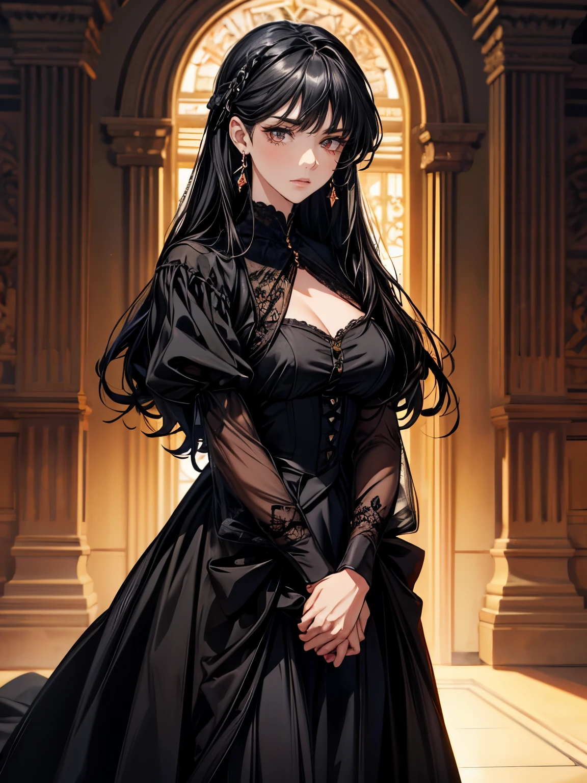 {solid color background},Solo,female,1girl,{Wearing black evening dress},expression:confidence,,Royal sister,sexy,Epean aristocracy,Beautiful,long black hair,red eyes,European people,Ruby earrings