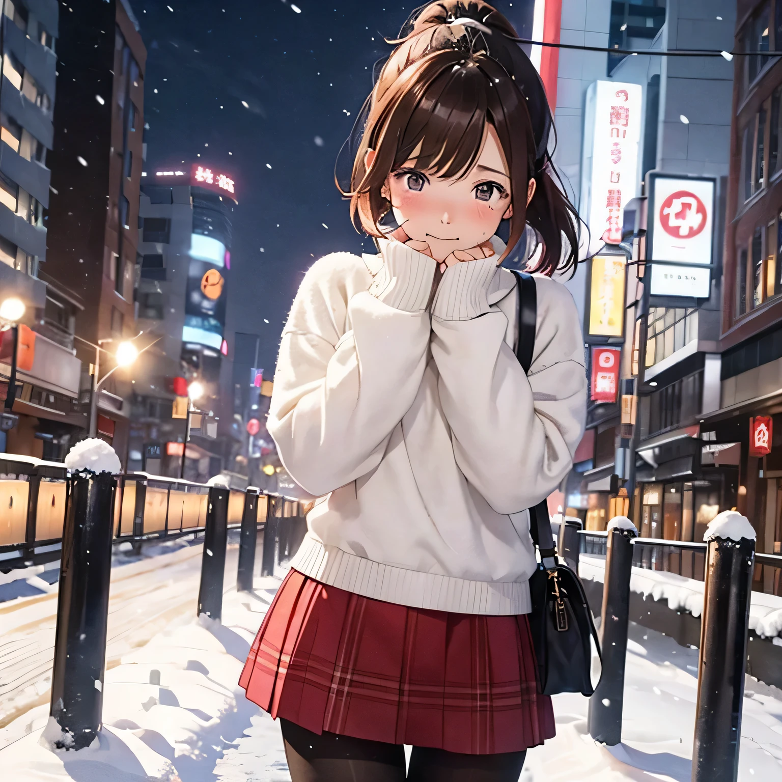 ((snowy night)) 、intersection、city、in the city、Skyscraper,18-year-old、female university student、,Are crying、White Jumper、red checked miniskirt、((black pantyhose)) 、white muffler、Brown snow boots((one person)), (princess cut), bob cut、(medium hair)、(ponytail)、reddish brown hair 、that&#39;It&#39;s snowing、standing pose、Are crying姿、view audience、Beige knit sweater、look up、((whole body)) 、white gloves、