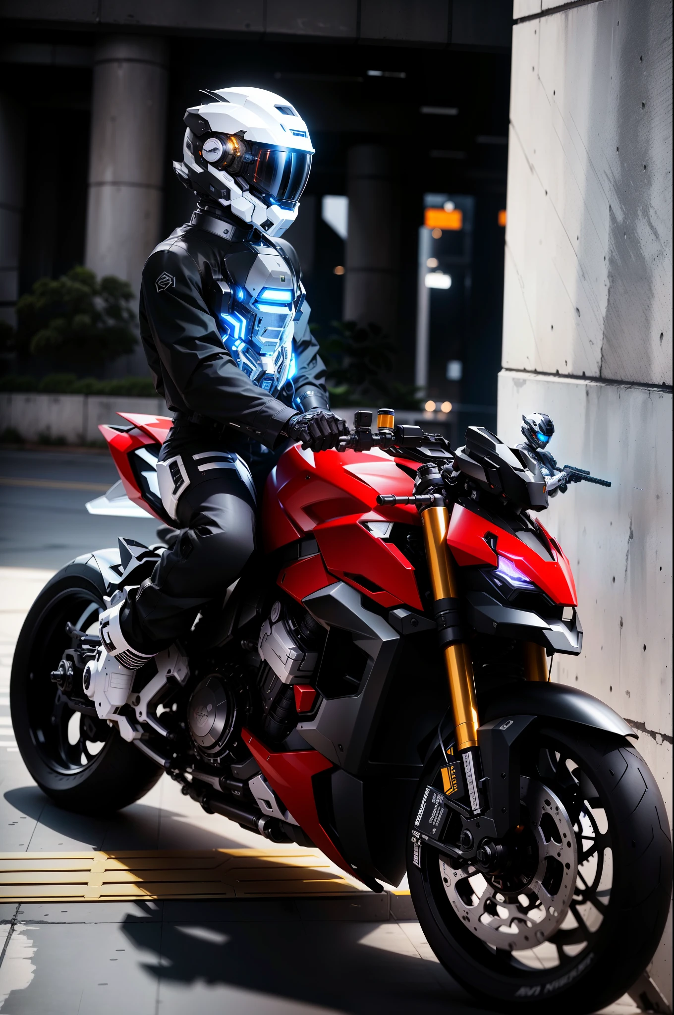 Handsome full body black mecha white short hair cyber handsome warrior, Black Cyber Mechanical Motorcycle, High-tech black full-face helmet, white short hair, Noor, biology, MSHN people, High-tech helmet, Surrealism, steel, complex design, Crazy details, Exquisite details, The lines are extremely clear, light, photorealism, detailed masterpiece