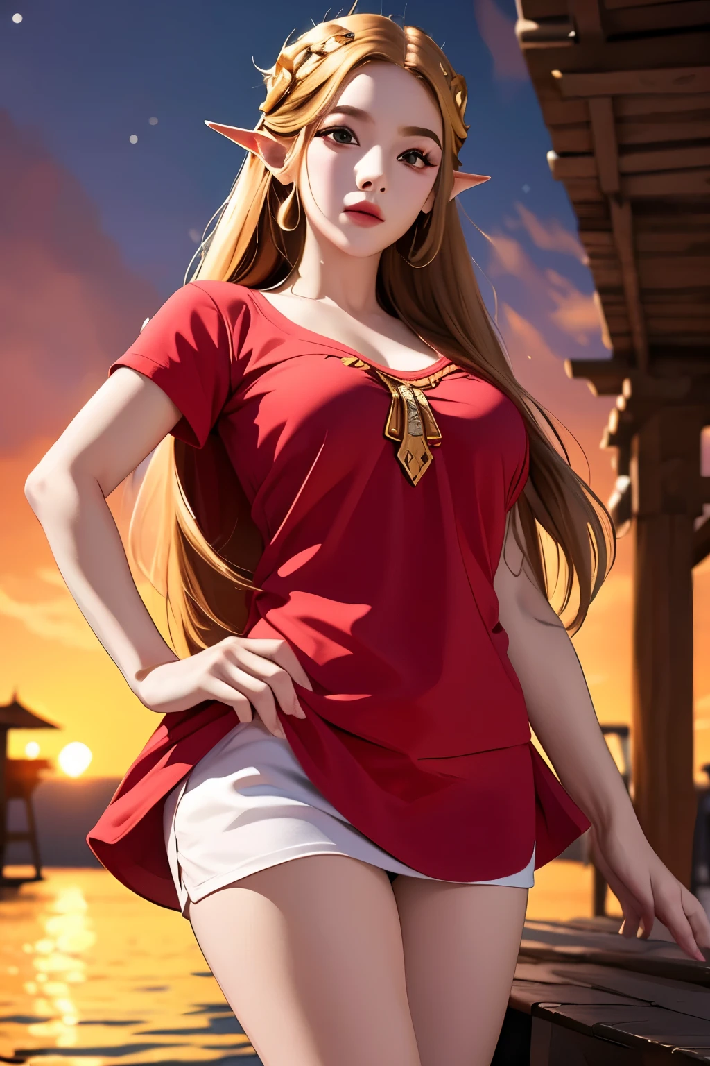 Lindo, Zelda\(princesa\), 1 garota, Sozinho, pose sexy, 2D, anime, red tunic, saia vermelha, camiseta branca, possuido, HDR, 8k,junta de duas elfas femeas bonitas