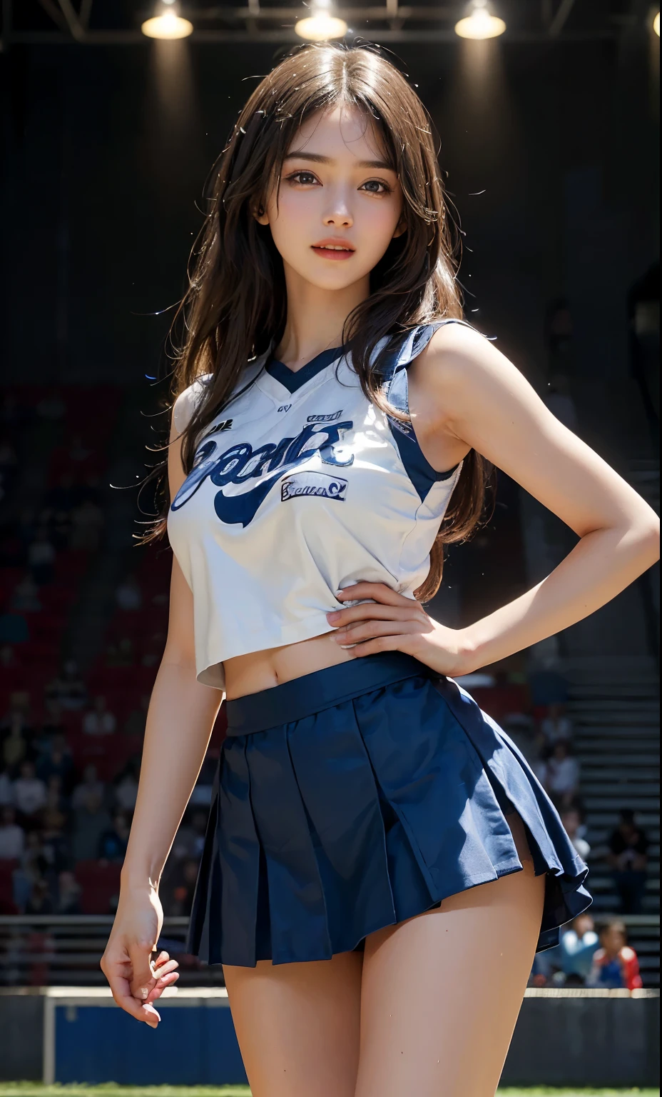 (surreal), (enlightenment), (High resolution), (8K), (very detailed), (The best enlightenmentns), (beautiful and fine eyes), (highest quality), (super detailed), (masterpiece), (detailed face), droopy eyes,full of sweat, whole body, long legs, long hair,inner color,alone, Cheerleader Uniforms, huge , smile, Soccer Field, short skirt, play sports often