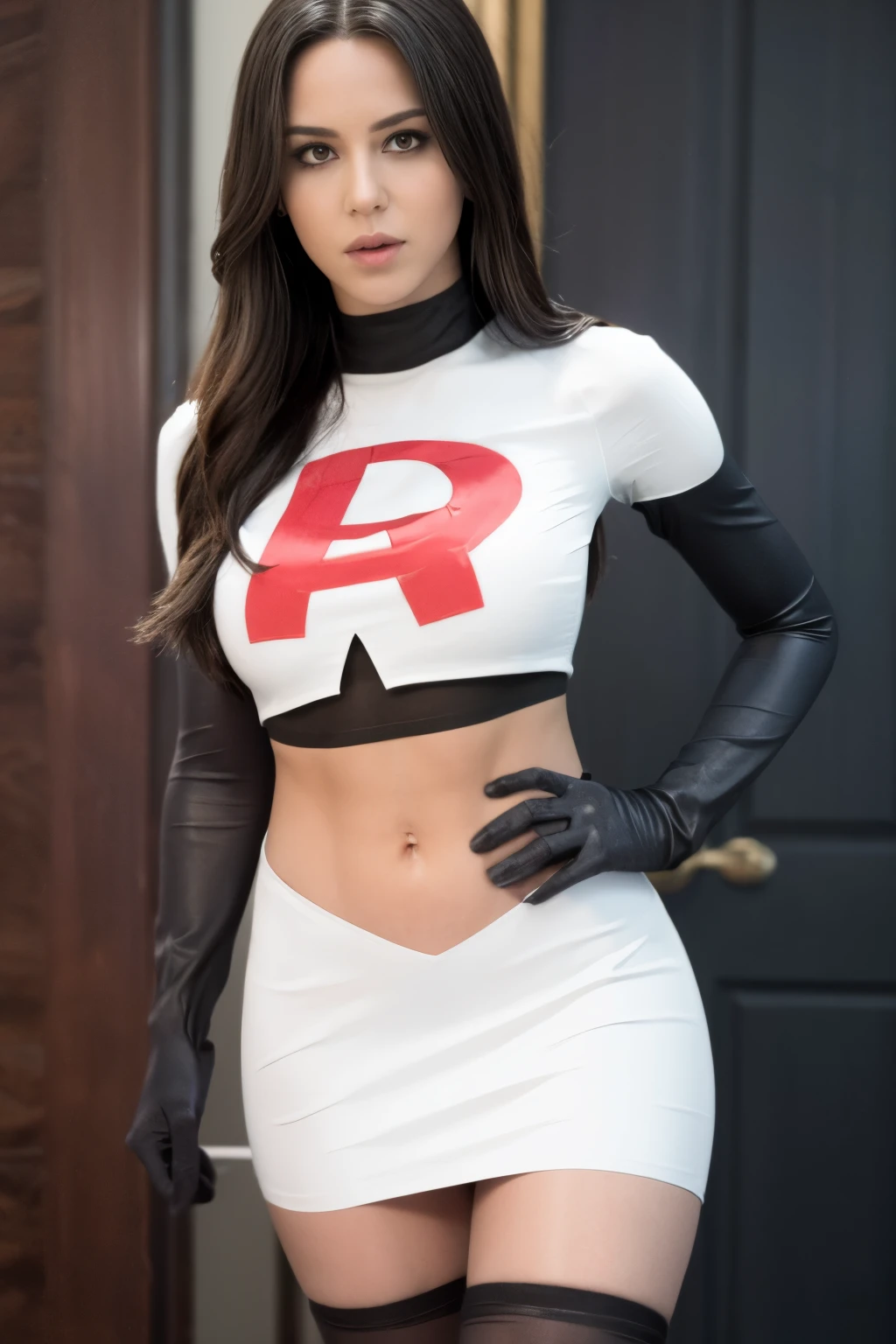 Brice, Actress, Real, team rocket,team rocket uniform,white skirt,crop top,black thigh-highs,black elbow gloves