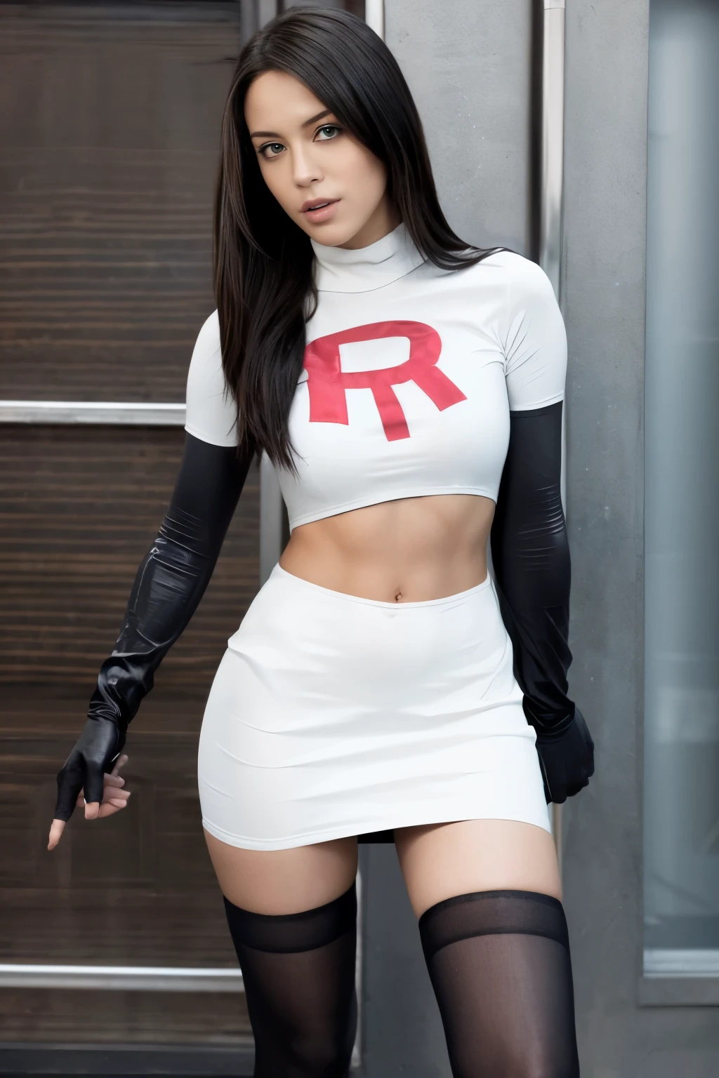Brice, Actress, Real, team rocket,team rocket uniform,white skirt,crop top,black thigh-highs,black elbow gloves