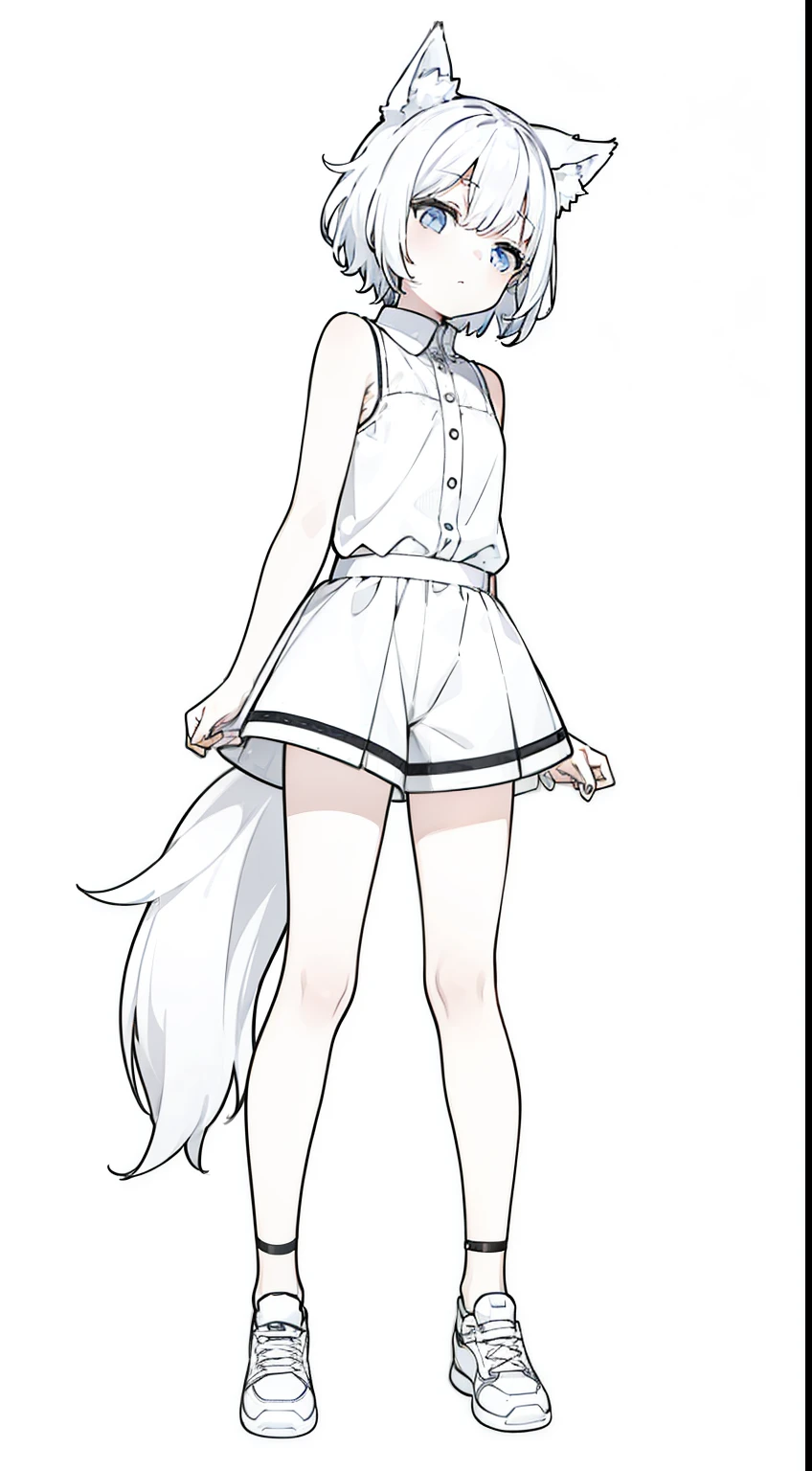 (1girl,),solo,white hair,short hair,wolf ears,white shirt,sleeveless,whiteshorts,full body,(white background,line drawing),from front,standing