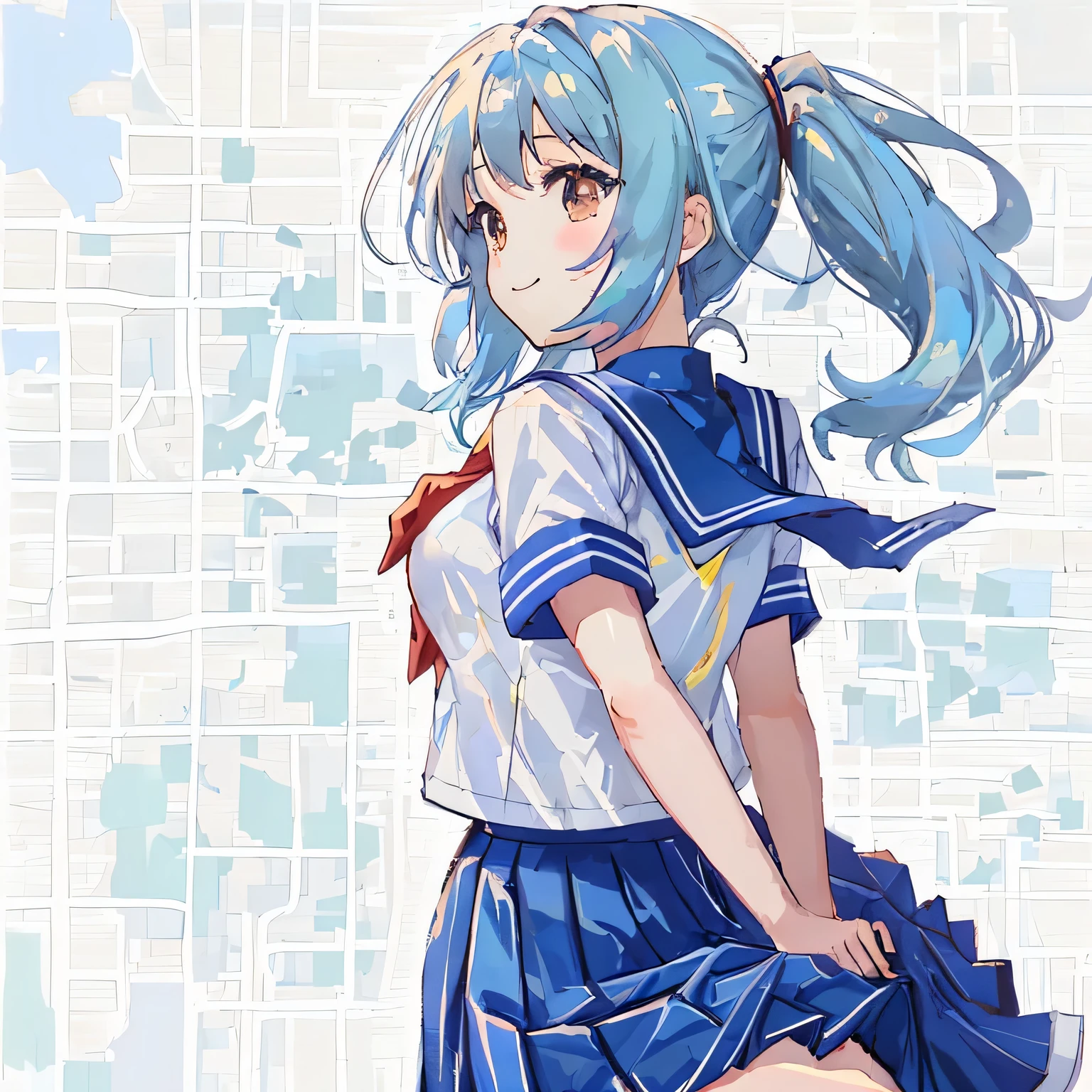 blurred background,schoolyard, School,the wind is blowing,high quality background,masterpiece, highest quality,shape,sailor suit,slanted eyes,straight hair,blue hair,side part,super dense skin,beautiful and detailed eyes,short sleeve shirt,light brown eyes,(medium breasts:1.1), (A raised and well-defined bust:1.1), (lifted chest:1.2), (perky chest :1.1),high School girl,Please sit down,high socks,loafers,smile,School,long skirt,ponytail,thighs