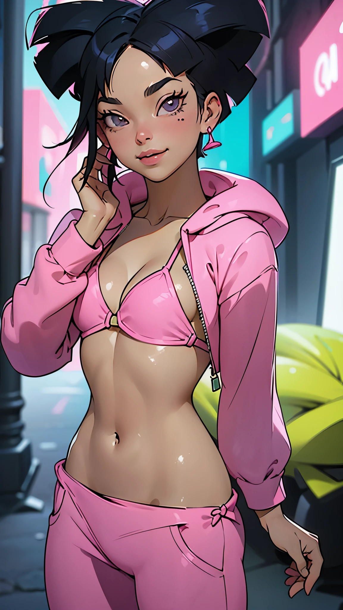 (La mejor calidad,A high resolution,Ultra - detallado,actual),amywong, black hair, 1girl, solo, black eyes, pink hoodie, short hair, navel, pink pants, long sleeves,looking at viewer, smile, standing, best quality, high quality, masterpiece, absurdres,   (alley background big stones), ,( ciberpunk 2.1), More detailed 8K.motor irreal:1.4,UHD,La mejor calidad:1.4, fotorrealista:1.4, textura de la piel:1.4, obra maestra:1.8,obra-prima, mejor calidad,objeto Objeto], (detailed face features:1.3),(Las proporciones correctas),(Ojos hermosos azules),  (pose vaquero), (bikini pink:1.4), (realistic:1.4) 