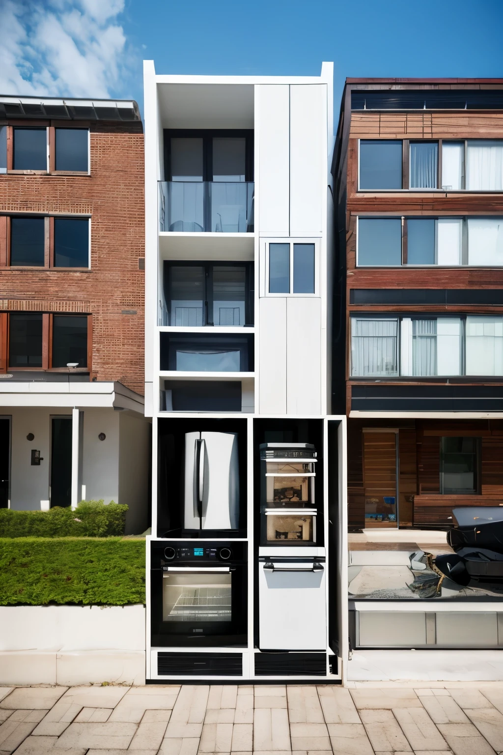 Create a building with home appliances stacked on top of each other