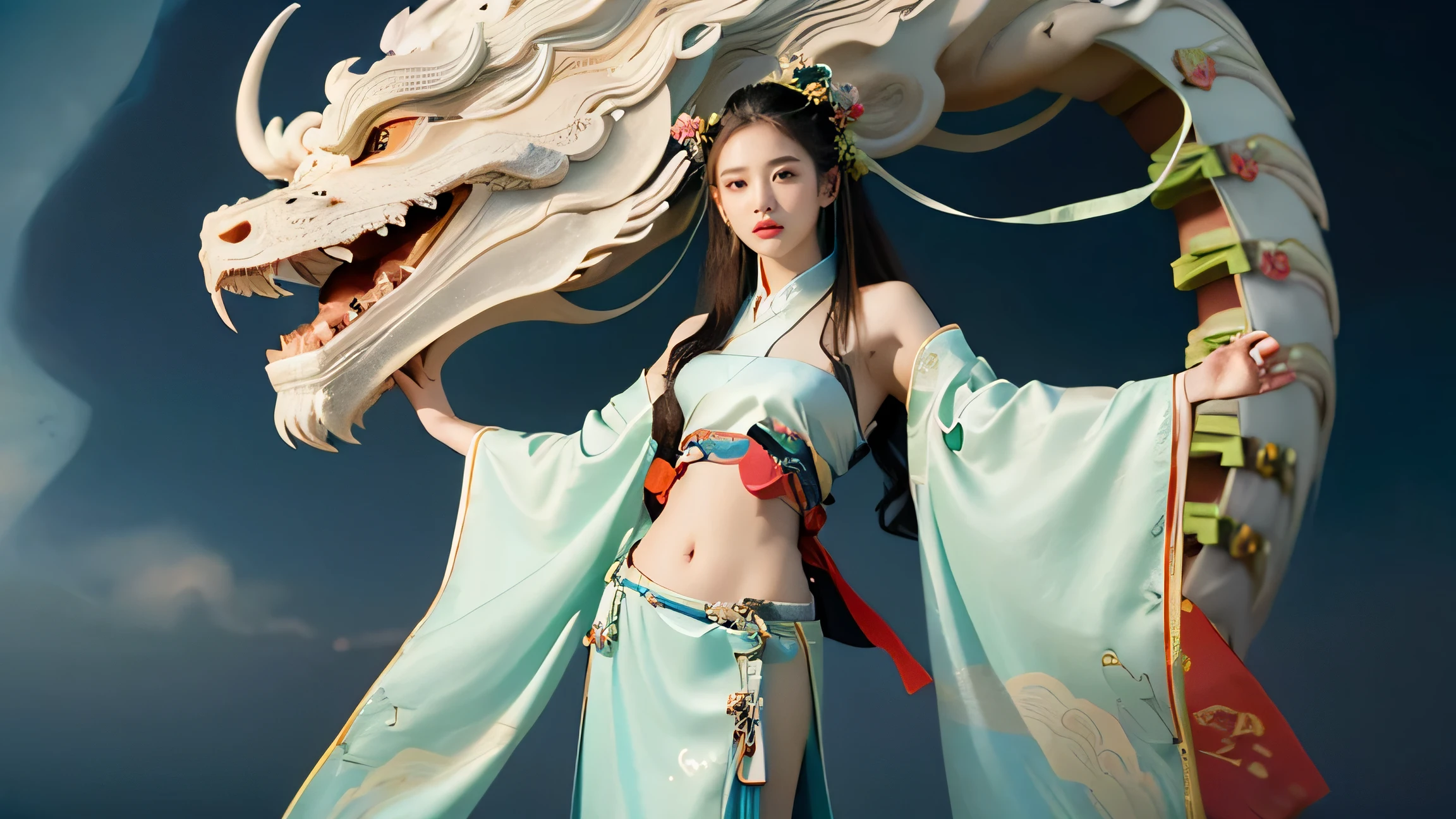Official Art, Unified 8K Wallpapers, Ultra Detailed, Beautiful and Aesthetic, Masterpiece, Best Quality, (Zentangle, Tangle, Entangle), (fractal art: 1.4), 1girl, black hair, Chinese, bare shoulders, short skirt, calf, navel, very detailed, dynamic angle, cowboyshot, (most beautiful form chaos), flowing, (bright colors), oc, (half: 1.2), china, (thangka flying sky: 1.5), (ribbon: 1.3), (dream: 1.5), (hanfu: 1.5), Chinese dragon, Chinese phoenix, (smile: 0.5), (Chinese deity), ((realistic) huge
