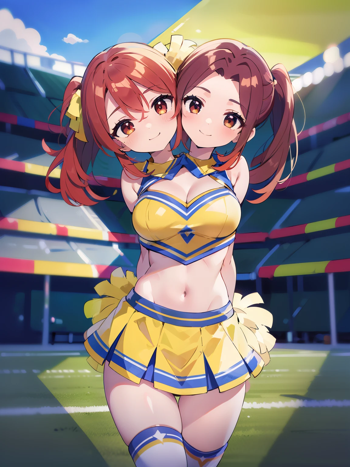 best quality, (masterpiece),(ultra-detailed), (high quality), (high resolution), ((2heads:1.5)), best quality:1.5, highres, UHD, 4K), smiling, highres, masterpiece, 4k, (brown hair), red hair, ((football cheerleader)), ((Super Bowl)), (football stadium), ((football game)), cheerleader outfit, football players in background, football