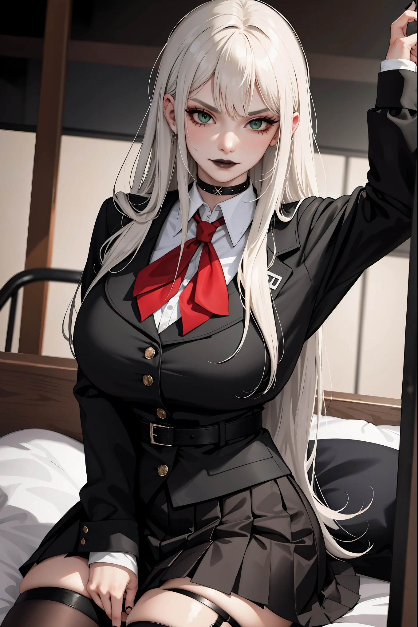 (masterpiece:1.2, best quality), (real picture, intricate details), 1lady, solo, upper body, sitting down, showing legs, casual, school setting, long hair, goth makeup, natural fabrics, close-up face, smirk, smirking, school, long light platinum blonde hair, bangs, hair bangs, bangs between eyes, green eyes, big breasts, big tits, big butt, skirt, school uniform, school shirt, school skirt, school proper uniform, goth girl, teen, teen girl, goth teen girl school uniform, heavy goth makeup, goth makeup, heavy black eyeshadow , black lipstick, really heavy makeup, goth looks, black nails, smirking, teen, 15 years old, teen goth girl
