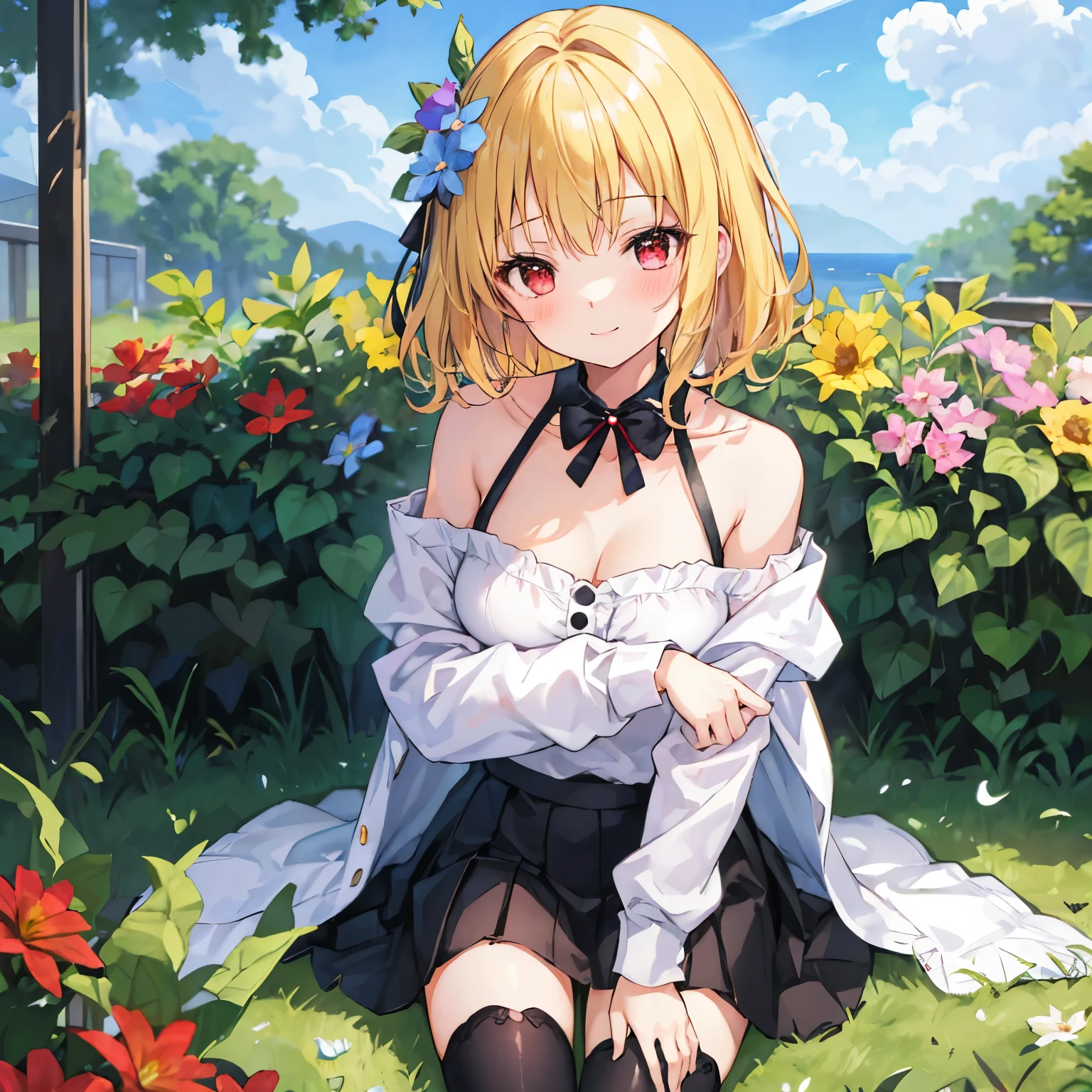 short wavy blonde hair、One girl with red eyes、solo、sit surrounded by flowers、blush、off shoulder、mini skirt、black tights、laughter