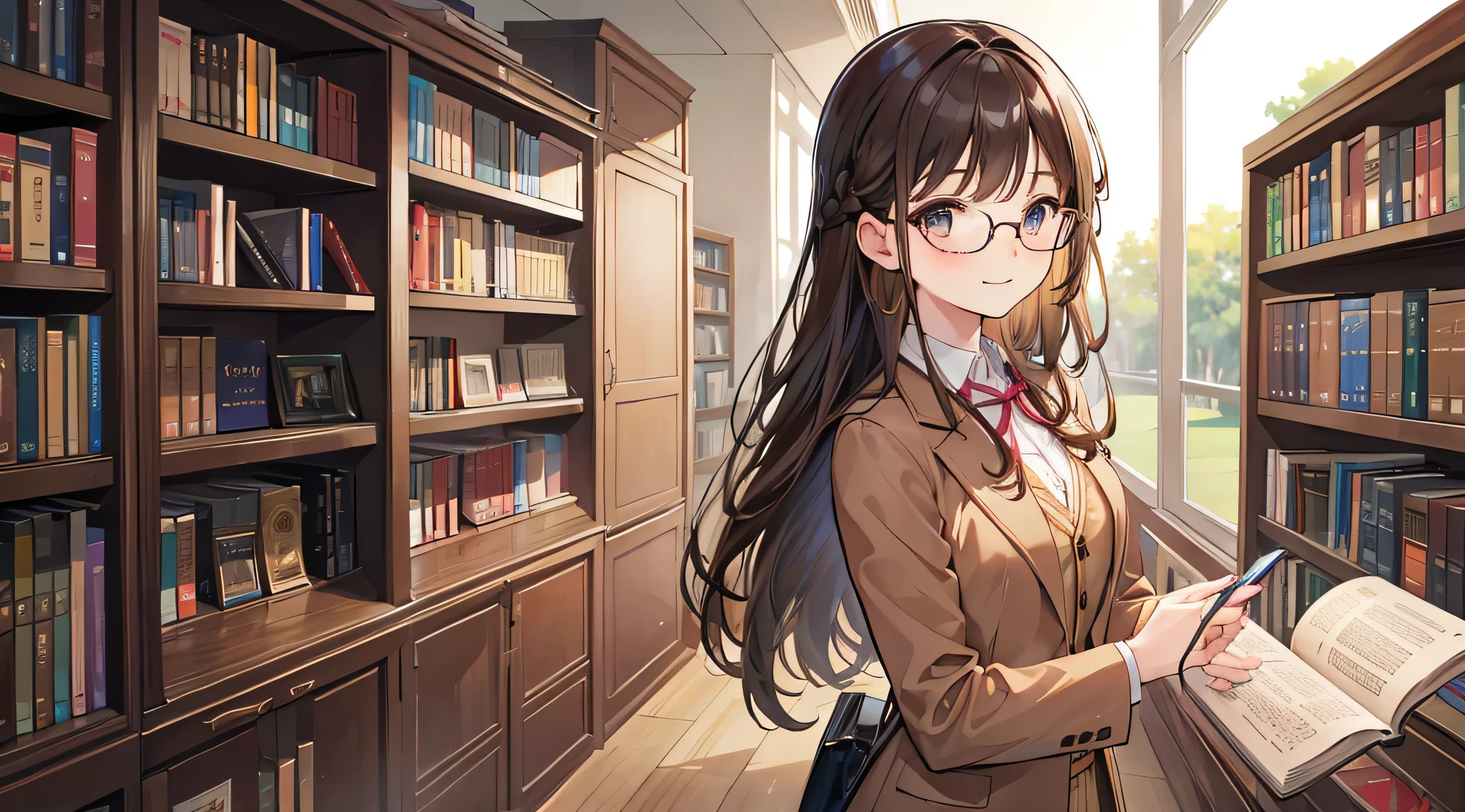 Literary girl、Glasses、brown blazer、Braid、library、Having a book、smile、brown hair、long skirt、kind girl、clear、wave hands、bust shot