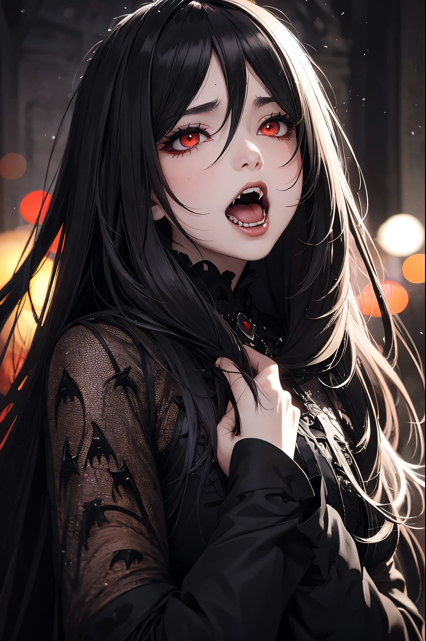 The ultra -The high-definition、Detailed writing、watercolor paiting、Pale shades、(Expressing fear in black:1.7)、Very beautiful hair、femele、Beautiful vampires、(Vampire Fangs:1.5)、Red Eyes、Wearing elaborate costumes and ornaments、sabre、Inspiring black background、(Bokeh:1.5)、In the darkness、Very dark and timeless castle cloister、menace、Hostility、Glare、