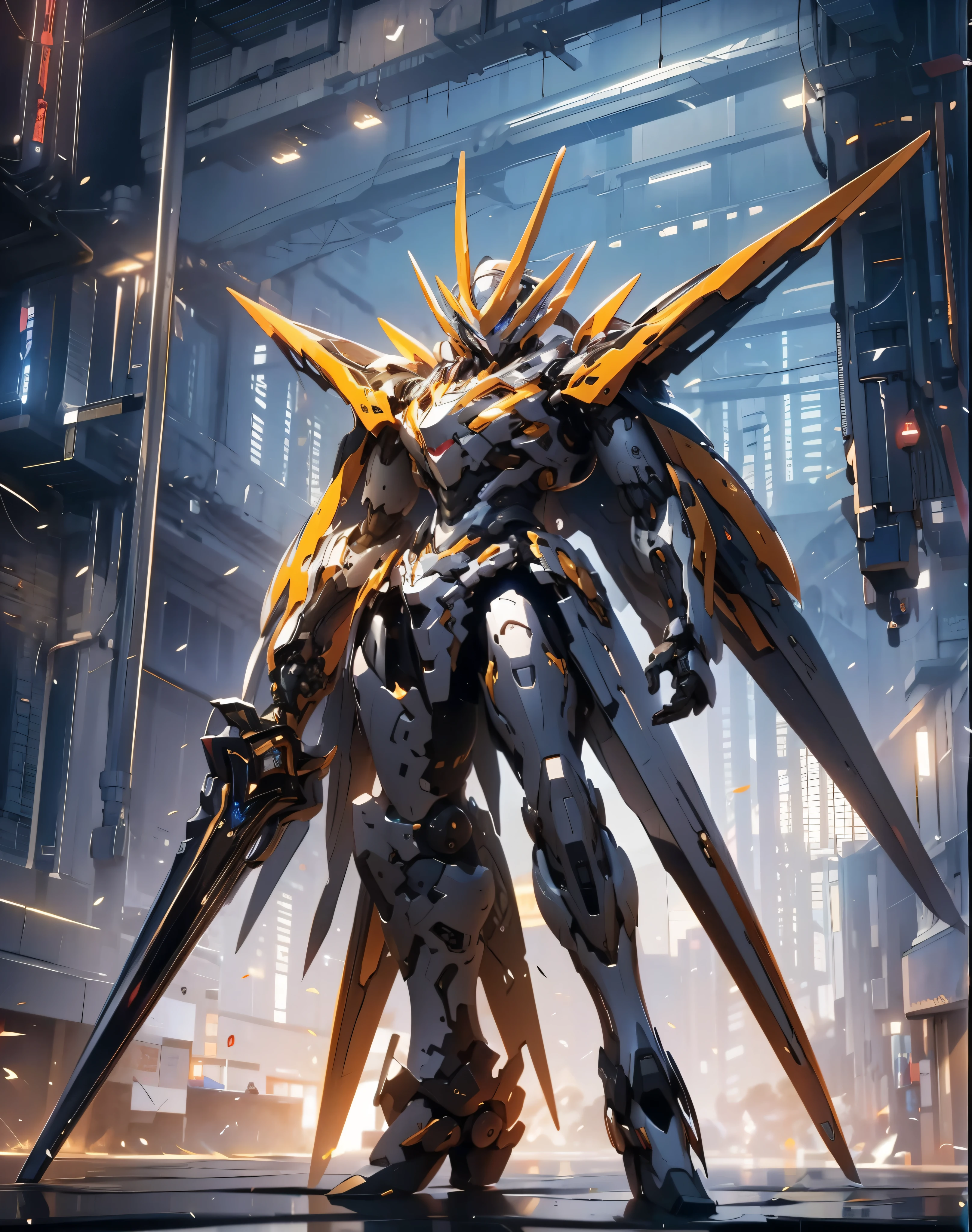 super wide shot, Full body photo of him giving a dynamic pose, screaming, jet wing, (Masterpiece) ， The best quality， High quality， （futurism：1.1）， （Mech with a sword,  Hellish,  Silver and purple， 电影灯光， （Exquisite future），Dark and beautiful， Ultra detailed， great composition， Floating， Depth of field， （Very detailed CG，Unity 8k壁纸）， （Beautiful detail background）， dramatic lights， GOGETTA， Mecha Badass Hero screaming，best quality，超高分辨率，Photorealistic, (solo), (1man).