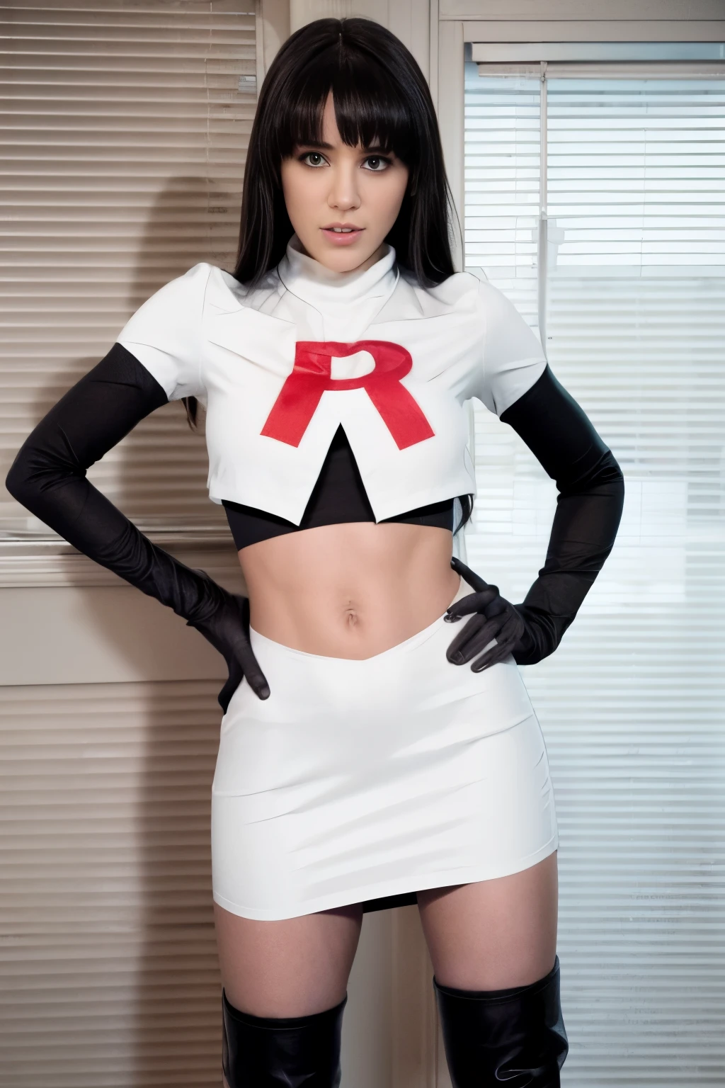 Brice, Actress, Real, team rocket,team rocket uniform,white skirt,crop top,black thigh-highs,black elbow gloves