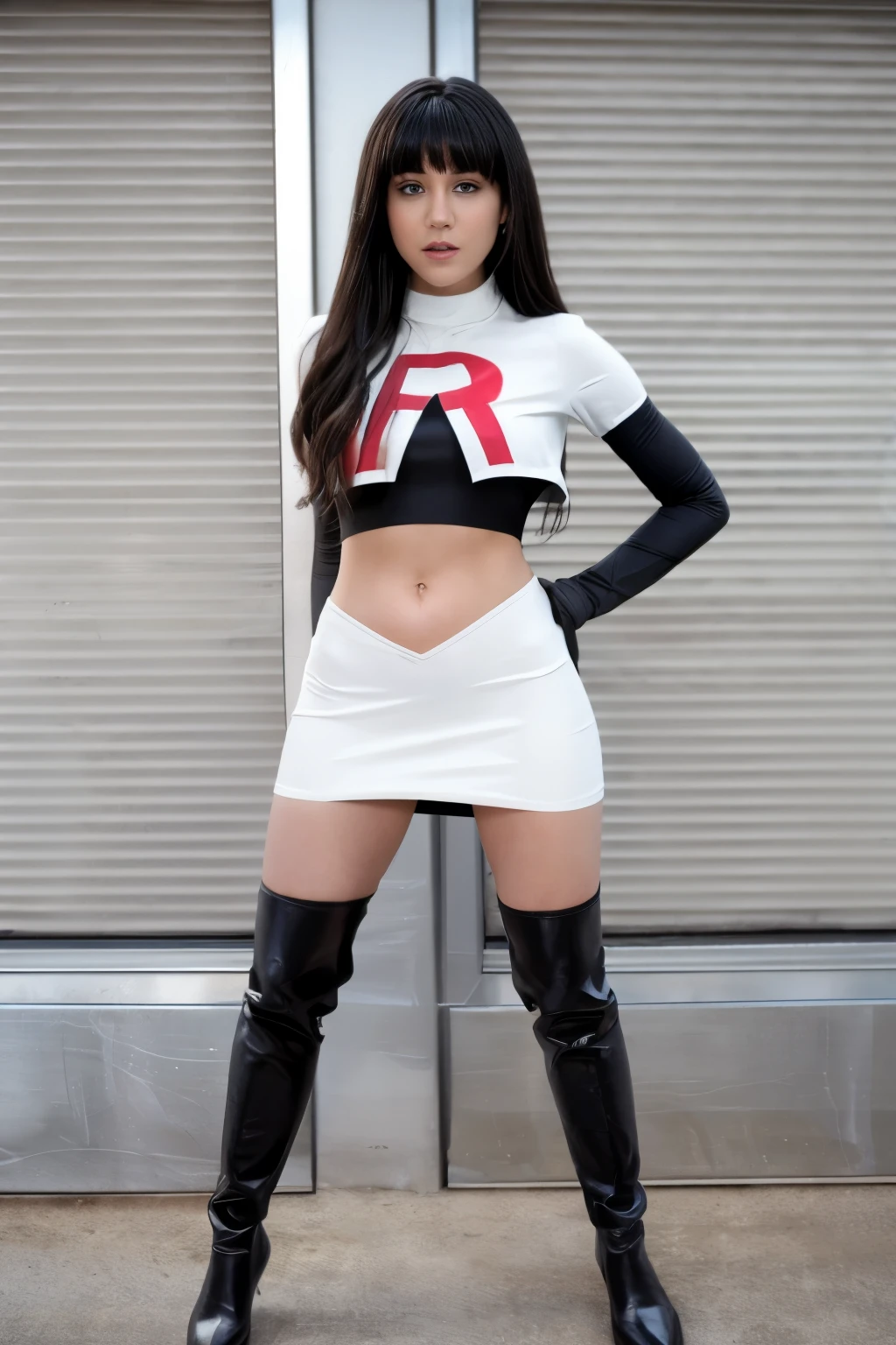 Brice, Actress, Real, team rocket,team rocket uniform,white skirt,crop top,black thigh-highs,black elbow gloves