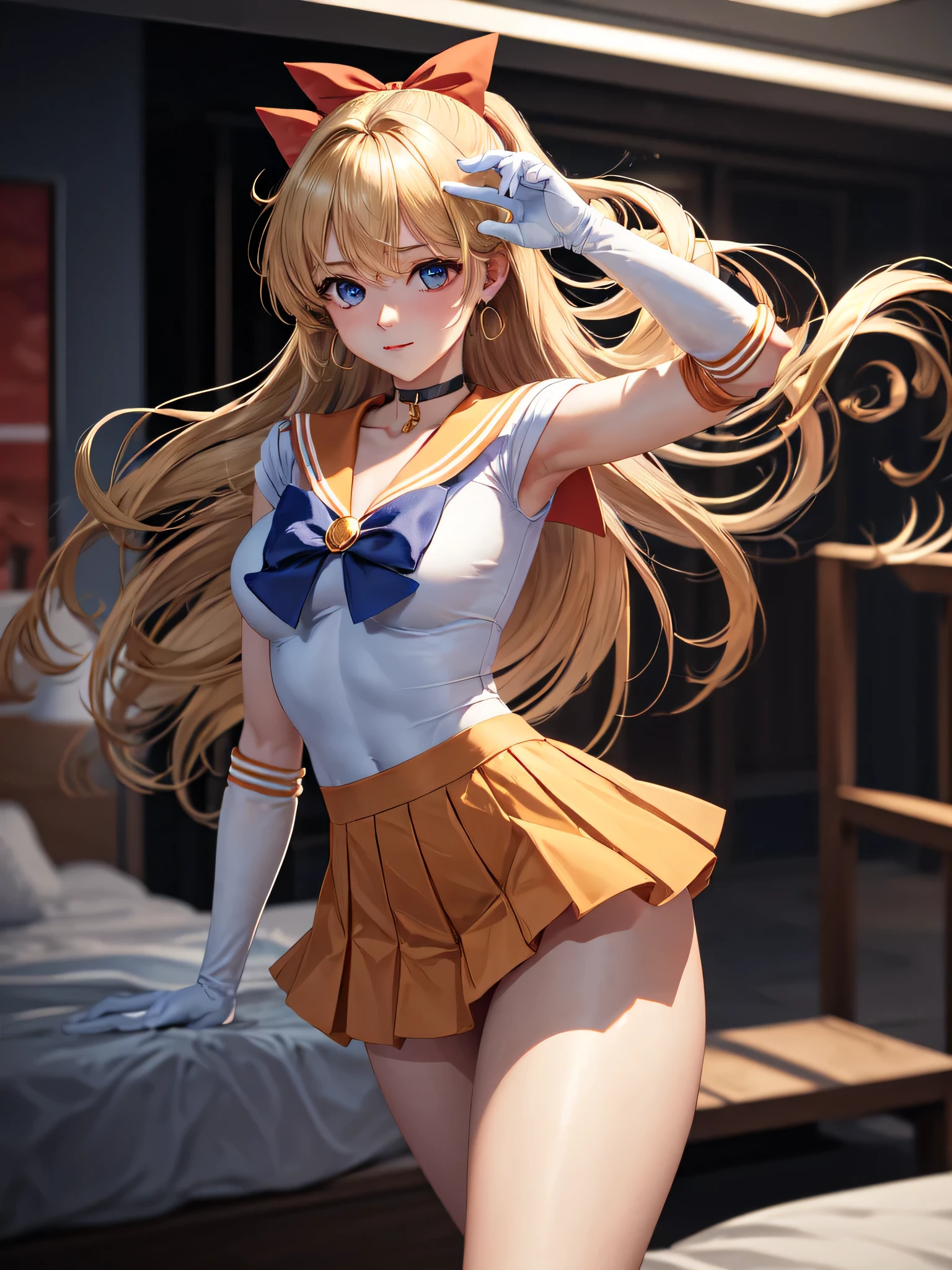 high-level image quality、Sailor Venus Costume、orange colors、Beautiful facial features、beautiful thigh、Large ribbon on the chest of Sailor Venus、Photo,White panty、Orange high heels for Sailor Venus、rialistic photo、An ultra-high picture quality、Panties showing off a rolled up skirt、ｒBeautiful armpits、Beautiful white panties、Live-action quality、Crotch wide open、I can see my panties.、Beautiful facial features、beautiful thigh、Ultra mini skirt、sailorvenus、poneyTail、Spread your crotch wide、a close up of a woman in a costume posing for a picture, White panty、A sexy、Anime girl cosplay, Sailor Moon Style, Anime Cosplay, Beautiful armpits、Beautiful navel、Sailor Moon!! Beautiful, cosplay foto, Cosplay,  Real Photographics, Inspired by Yang J