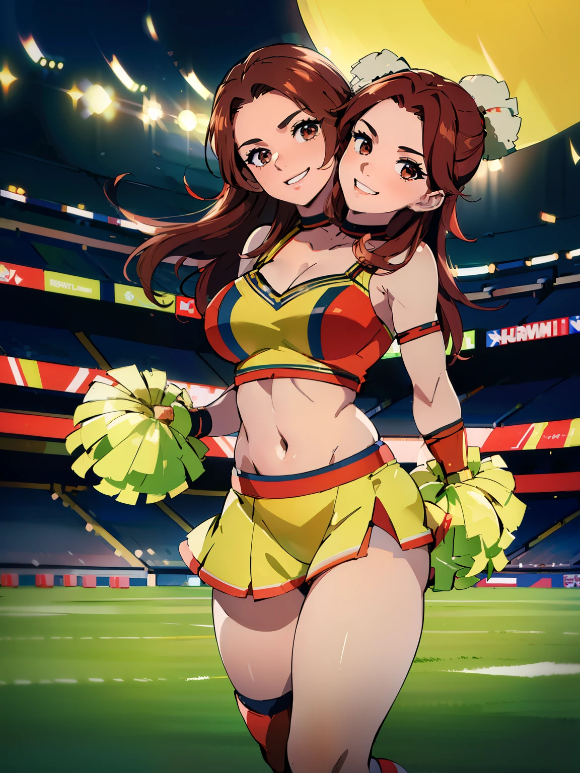 best quality, (masterpiece),(ultra-detailed), (high quality), (high resolution), ((2heads:1.5)), best quality:1.5, highres, UHD, 4K), smiling, highres, masterpiece, 4k, (brown hair), red hair, (football cheerleader), ((Super Bowl)), (football stadium)