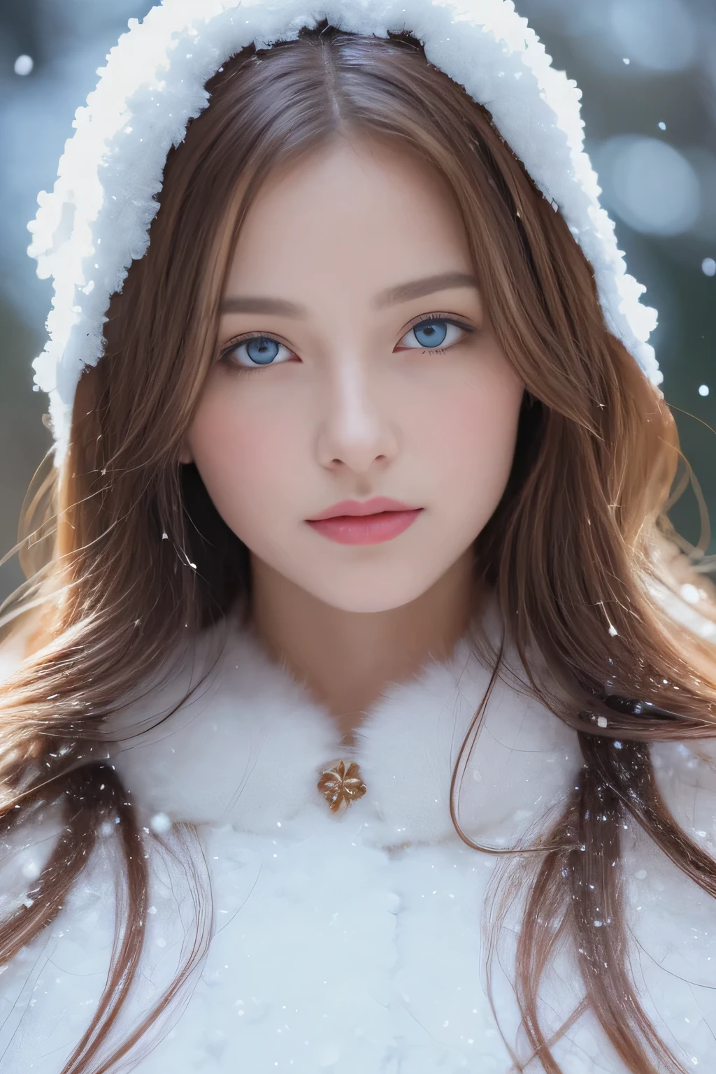(highest quality, 8K, 32K,The details are very clear), (High intaglio printing),realistic, High resolution, 1 Japan women, alone, (lolita costume),luxurious costume,face the audience,(Upper body,upper limbs), beautiful eyes, brown hair, Ring-shaped eyes, (outside,Heavy snowfall,thick fur cape,Cover with snow),snowfield,blue eyes,highest qualityのイラスト,methodical face