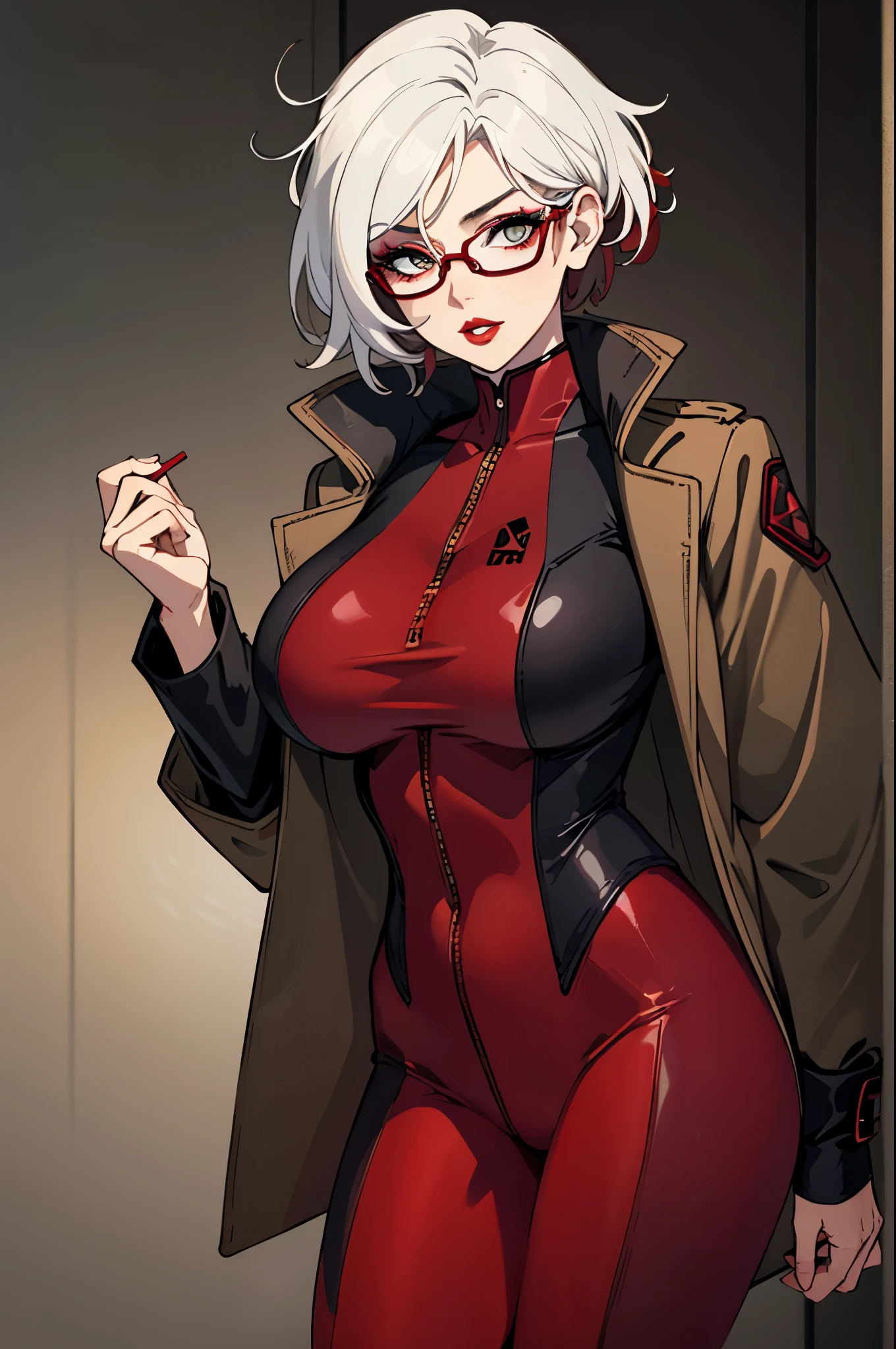 Rogue,  Xtreme, short hair, large breasts, cowboy shot, red bodysuit, jacket, parted lips, glasses, lips, makeup, sunglasses,  lipstick, red lips,  tinted eyewear 