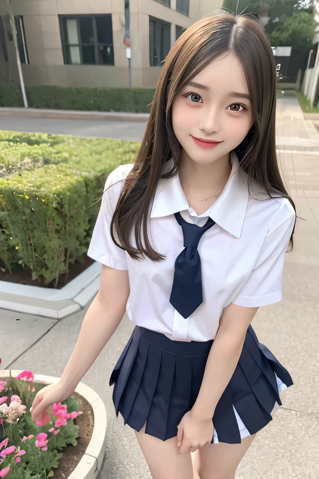 pieces fly、masterpiece、highest quality、Super detailed、High resolution、High resolution、8K portrait、unity 8k wallpaper、Detailed CG、unity 8k wallpaper、Detailed CGユニティ8kの壁紙、realistic、real person、portrait photography、shiny skin、(26 years old)、High resolution、beautiful clear eyes、very detailed explanation、delicate face、nice lips、thin waist、thin legs、1 girl、(school uniform:1.4)、(pleated skirt:1.2)、(small breasts:1.2)、(smile:1.2)、(garden:1.2)