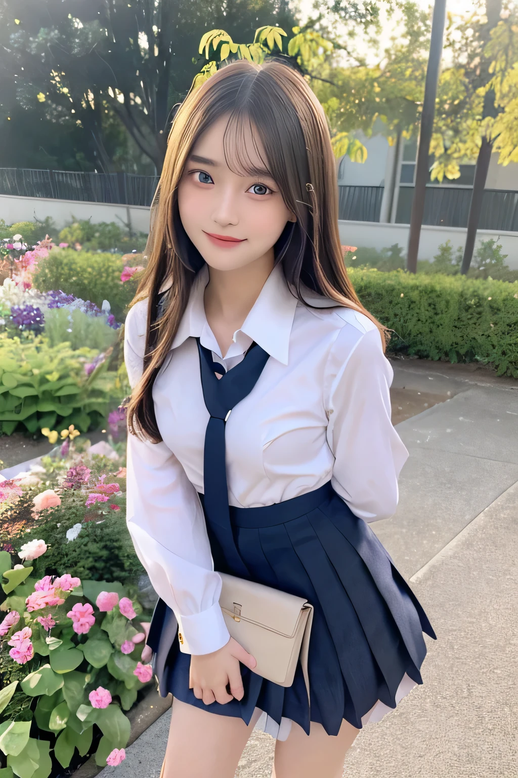 pieces fly、masterpiece、highest quality、Super detailed、High resolution、High resolution、8K portrait、unity 8k wallpaper、Detailed CG、unity 8k wallpaper、Detailed CGユニティ8kの壁紙、realistic、real person、portrait photography、shiny skin、(26 years old)、High resolution、beautiful clear eyes、very detailed explanation、delicate face、nice lips、thin waist、thin legs、1 girl、(school uniform:1.4)、(pleated skirt:1.2)、(small breasts:1.2)、(smile:1.2)、(garden:1.2)