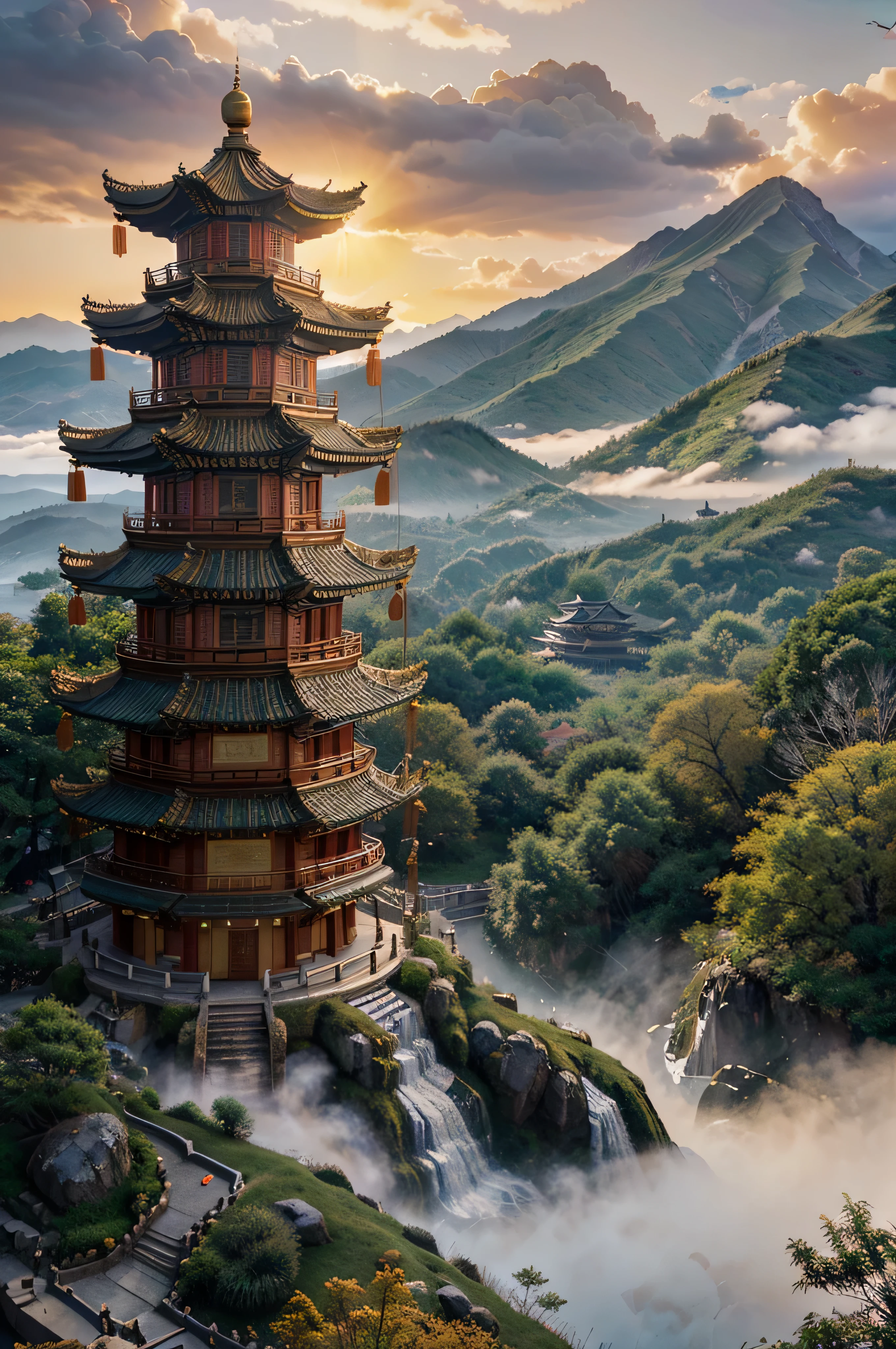 realistic, cinematic, 8k, movie, very detailed, chinese dragon, gold color, floating in the sky, cloud, mountain, Orange Sun, light, heaven, Chinese pagoda, waterfall,
