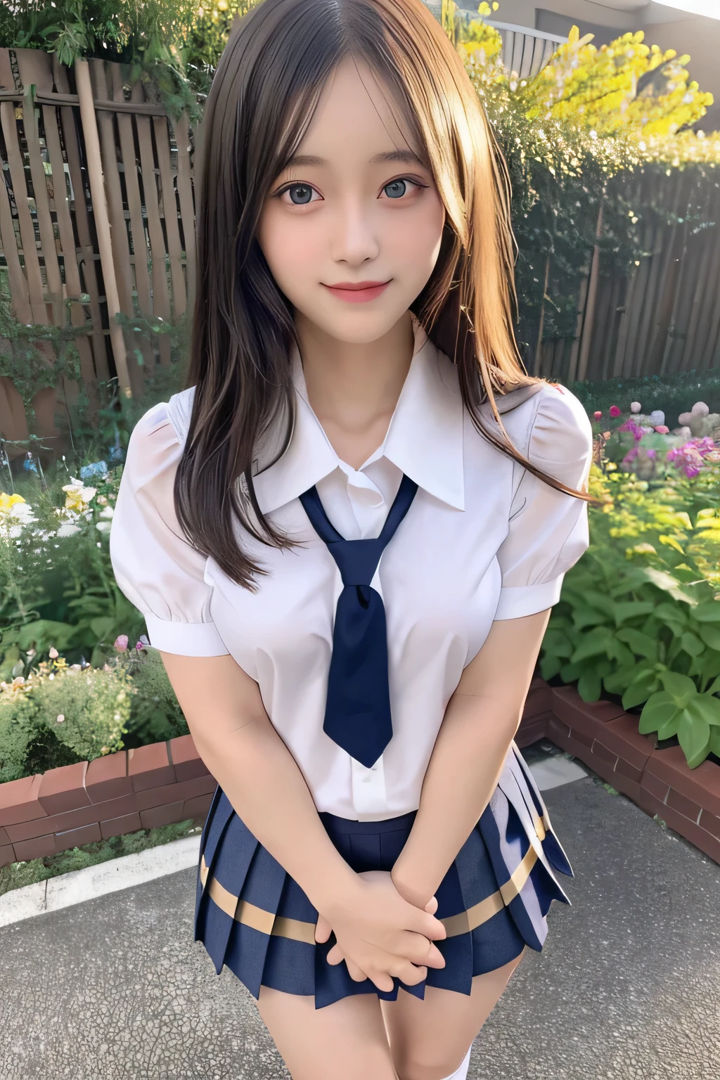 pieces fly、masterpiece、highest quality、Super detailed、High resolution、High resolution、8K portrait、unity 8k wallpaper、Detailed CG、unity 8k wallpaper、Detailed CGユニティ8kの壁紙、realistic、real person、portrait photography、shiny skin、(26 years old)、High resolution、beautiful clear eyes、very detailed explanation、delicate face、nice lips、thin waist、thin legs、1 girl、(school uniform:1.4)、(pleated skirt:1.2)、(small breasts:1.2)、(smile:1.2)、(garden:1.2)