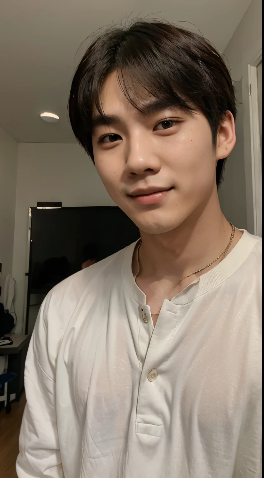 ((melhor qualidade, 8k, obra-prima: 1.3)), 1 korean boy, SUGA, Abs Slim Beleza: 1.3, (messy hairstyle, corpo definido: 1.2), curto: 1.1, Rosto Super Fino, olhos delicados, Double eyelidm, quarto, pose sensual nude, hair red