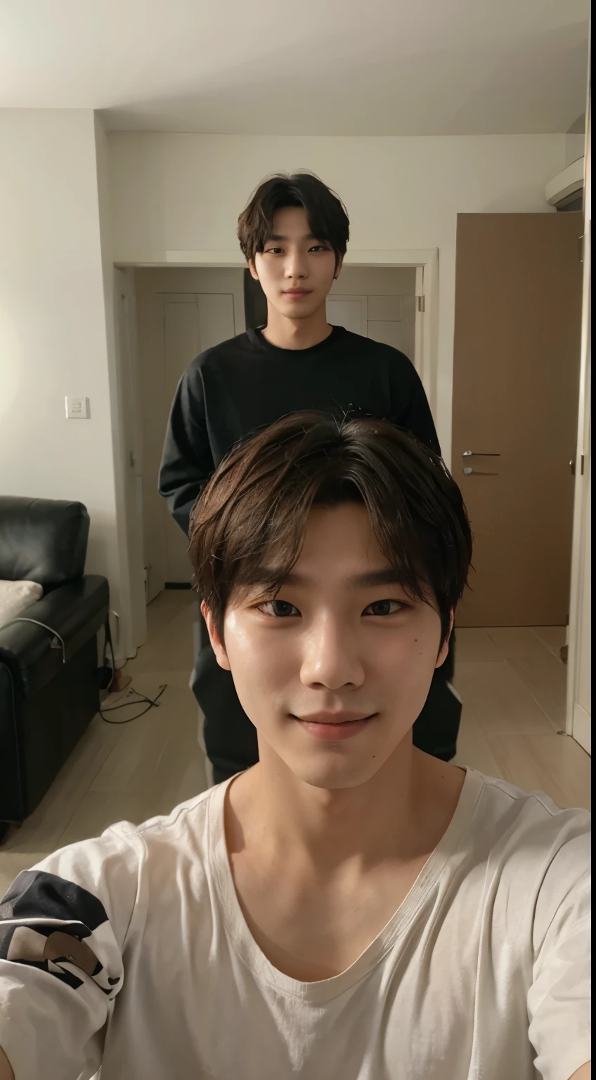 A 21 year old Korean man, BTS singer style, just his face, self photo, shy smile, in a room, self photo, front camera,