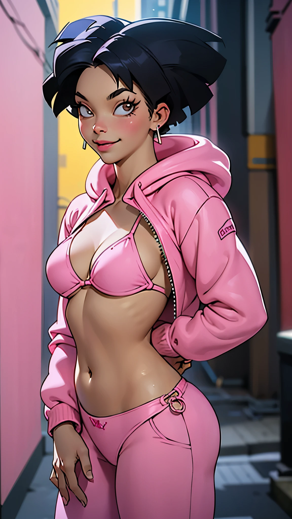 (La mejor calidad,A high resolution,Ultra - detallado,actual),amywong, black hair, 1girl, solo, black eyes, pink hoodie, short hair, navel, pink pants, long sleeves,looking at viewer, smile, standing, best quality, high quality, masterpiece, absurdres,   (alley background big stones), ,( ciberpunk 2.1), More detailed 8K.motor irreal:1.4,UHD,La mejor calidad:1.4, fotorrealista:1.4, textura de la piel:1.4, obra maestra:1.8,obra-prima, mejor calidad,objeto Objeto], (detailed face features:1.3),(Las proporciones correctas),(Ojos hermosos azules),  (pose vaquero), (bikini pink:1.4), (realistic:1.4) 