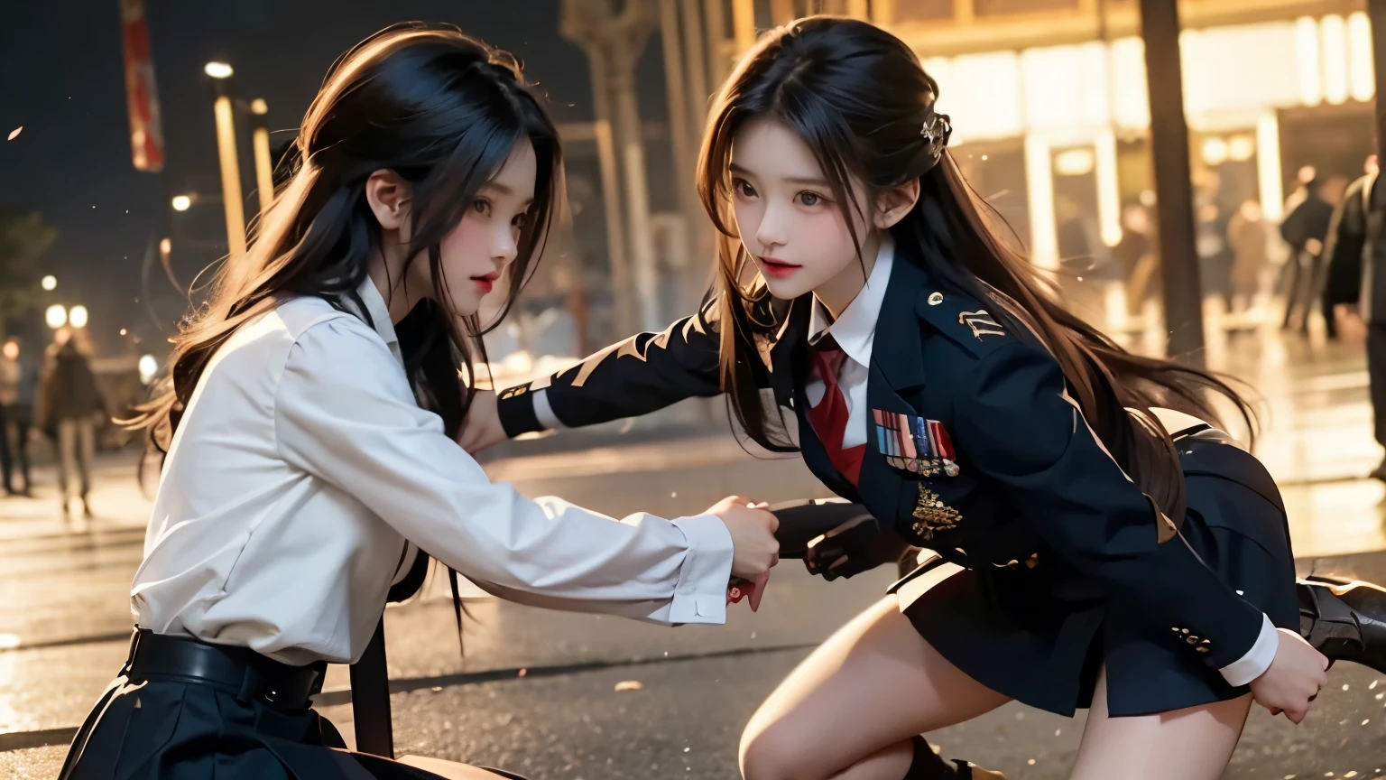 A beautiful girl in military uniform is fighting a man in a suit、Beautiful girls are dominant、A girl cuts a man with a sword、super model girl、miniskirt military uniform、Perfect build、Overwhelming power、blood flows from a man、Killing each other、Kill formations、A girl who feels superior、battlefield、On the one hand, girls have an advantage.、massacre、